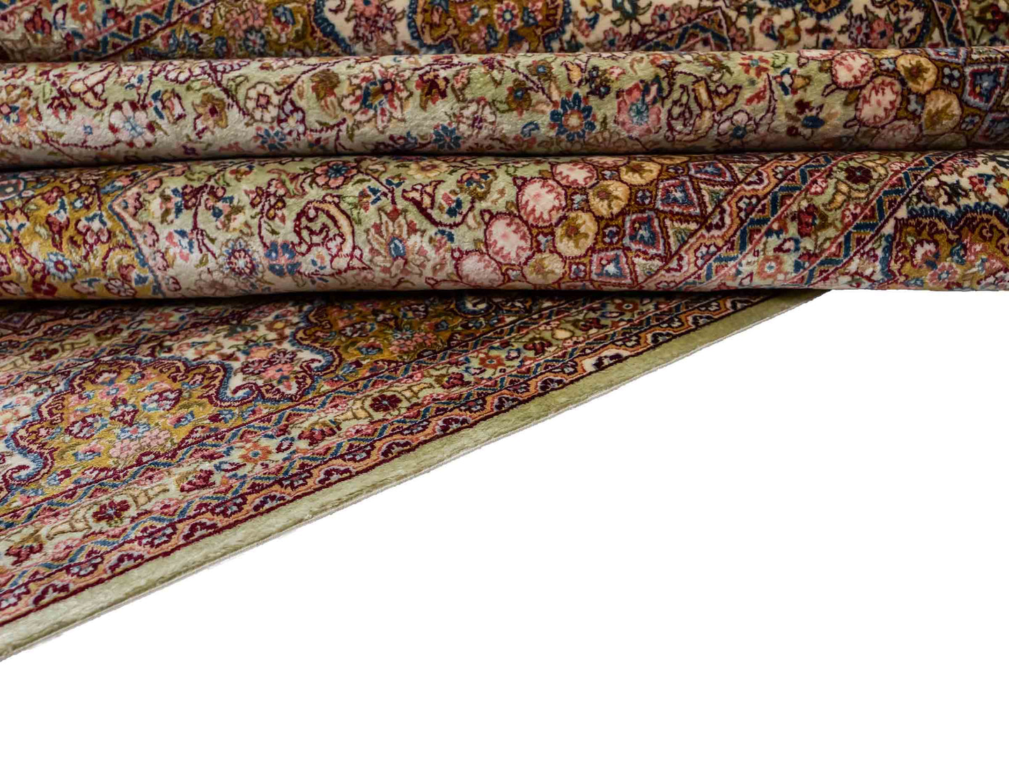 Extrem feiner, handgeknüpfter Khademi Nain Orientteppich aus Seide, gold, creme, blau. 154x94 cm. Vertrieb durch Jupiter Intl.
