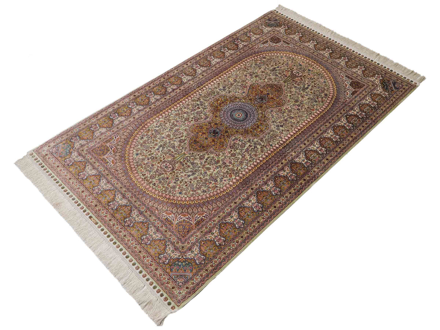 Extrem feiner, handgeknüpfter Khademi Nain Orientteppich aus Seide, gold, creme, blau. 154x94 cm. Vertrieb durch Jupiter Intl.
