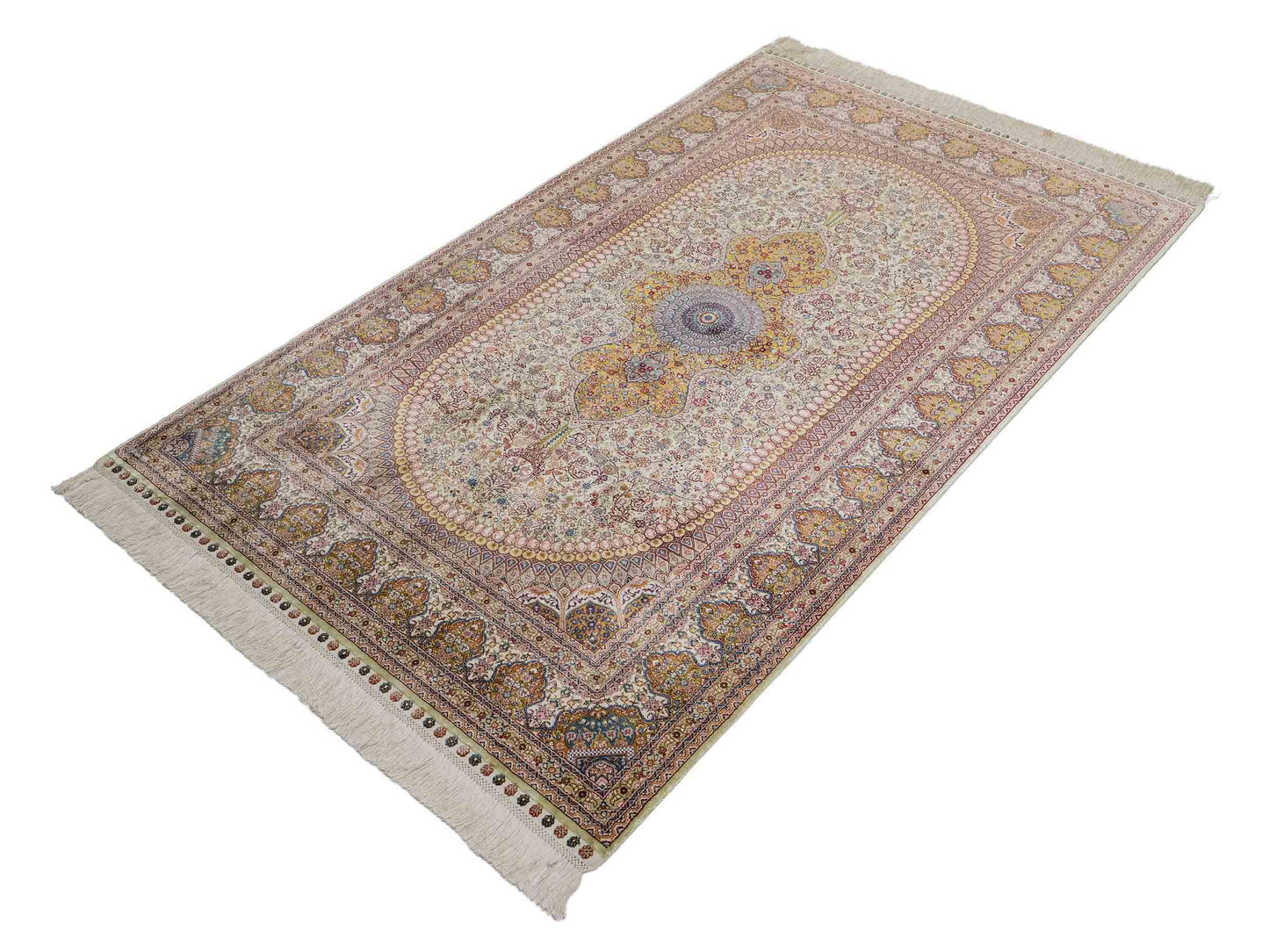 Extrem feiner, handgeknüpfter Khademi Nain Orientteppich aus Seide, gold, creme, blau. 154x94 cm. Vertrieb durch Jupiter Intl.