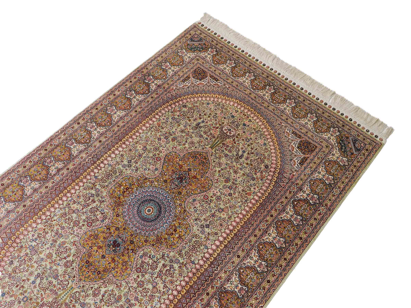 Extrem feiner, handgeknüpfter Khademi Nain Orientteppich aus Seide, gold, creme, blau. 154x94 cm. Vertrieb durch Jupiter Intl.