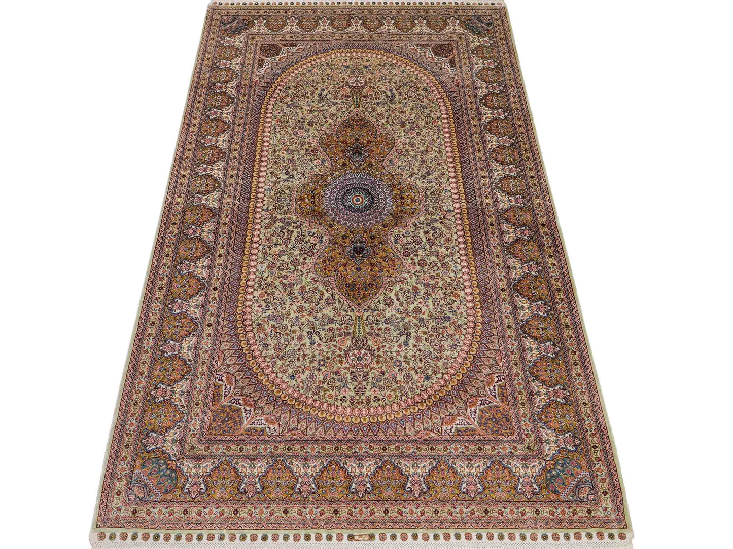 Extrem feiner, handgeknüpfter Khademi Nain Orientteppich aus Seide, gold, creme, blau. 154x94 cm. Vertrieb durch Jupiter Intl.