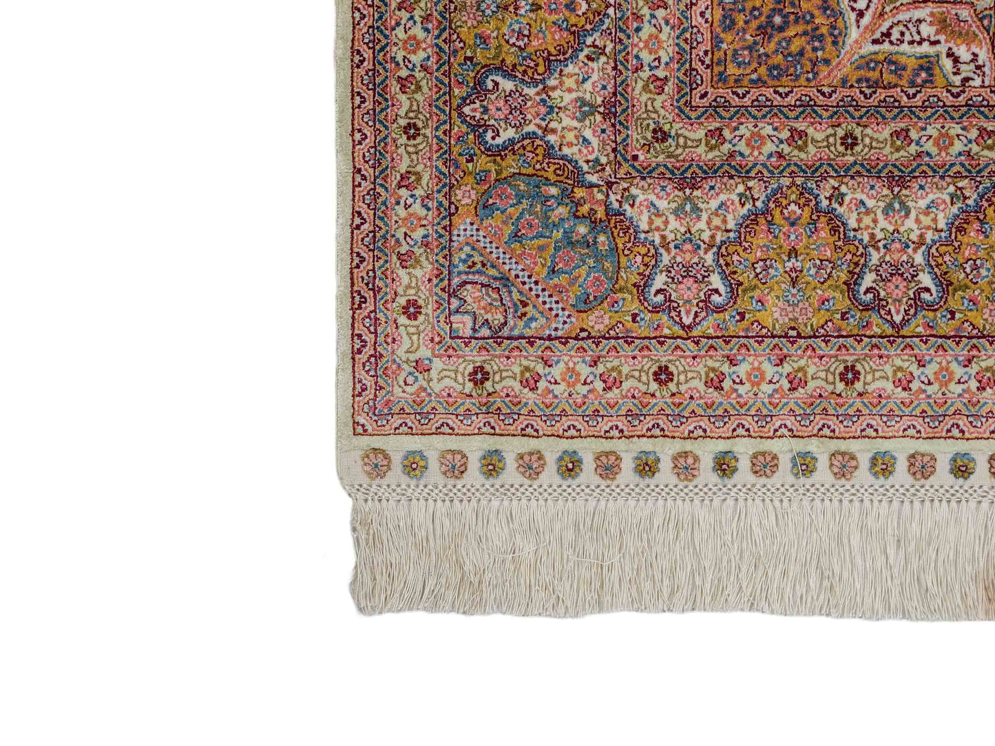 Extrem feiner, handgeknüpfter Khademi Nain Orientteppich aus Seide, gold, creme, blau. 154x94 cm. Vertrieb durch Jupiter Intl.