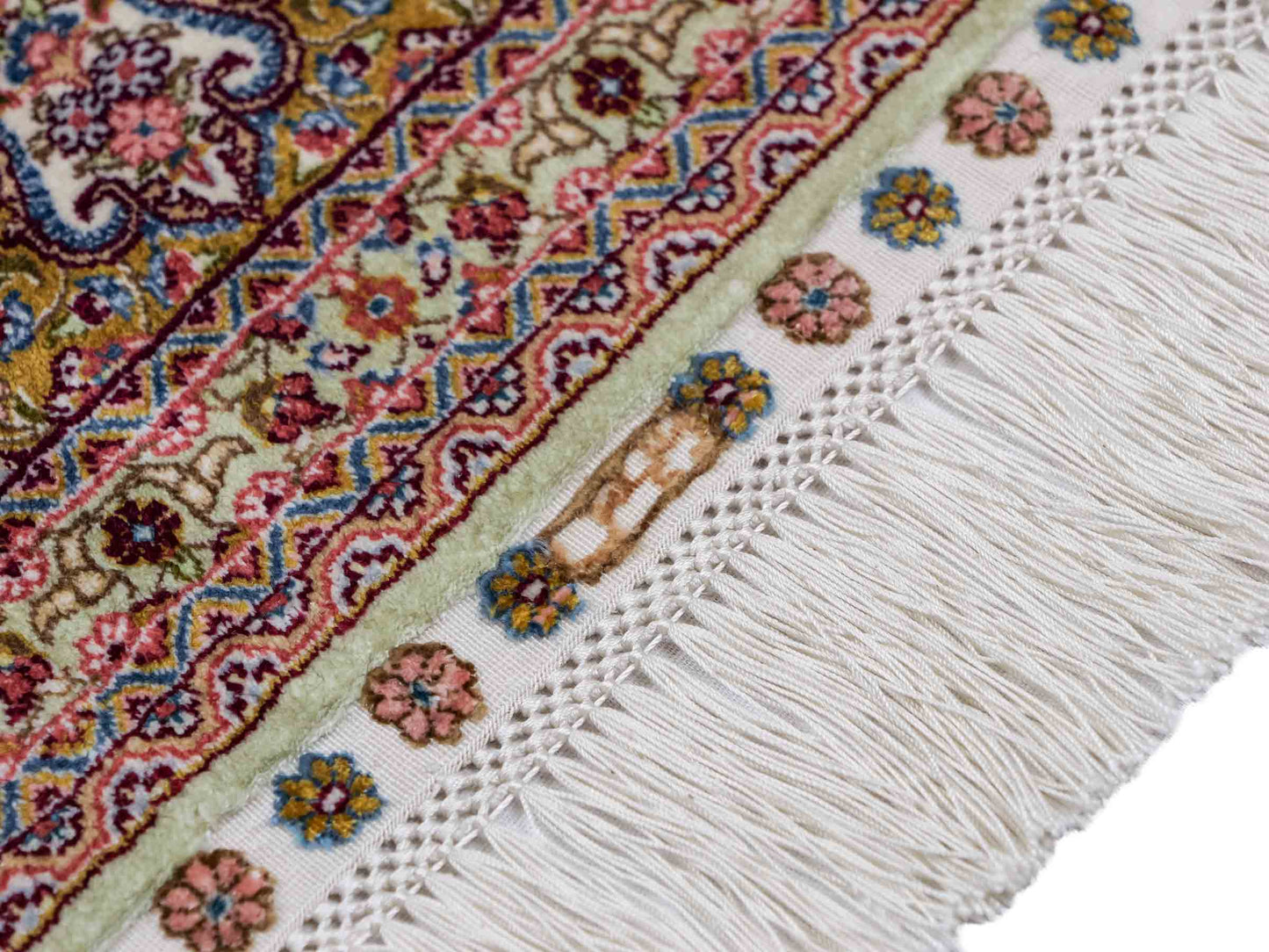 Extrem feiner, handgeknüpfter Khademi Nain Orientteppich aus Seide, gold, creme, blau. 154x94 cm. Vertrieb durch Jupiter Intl.