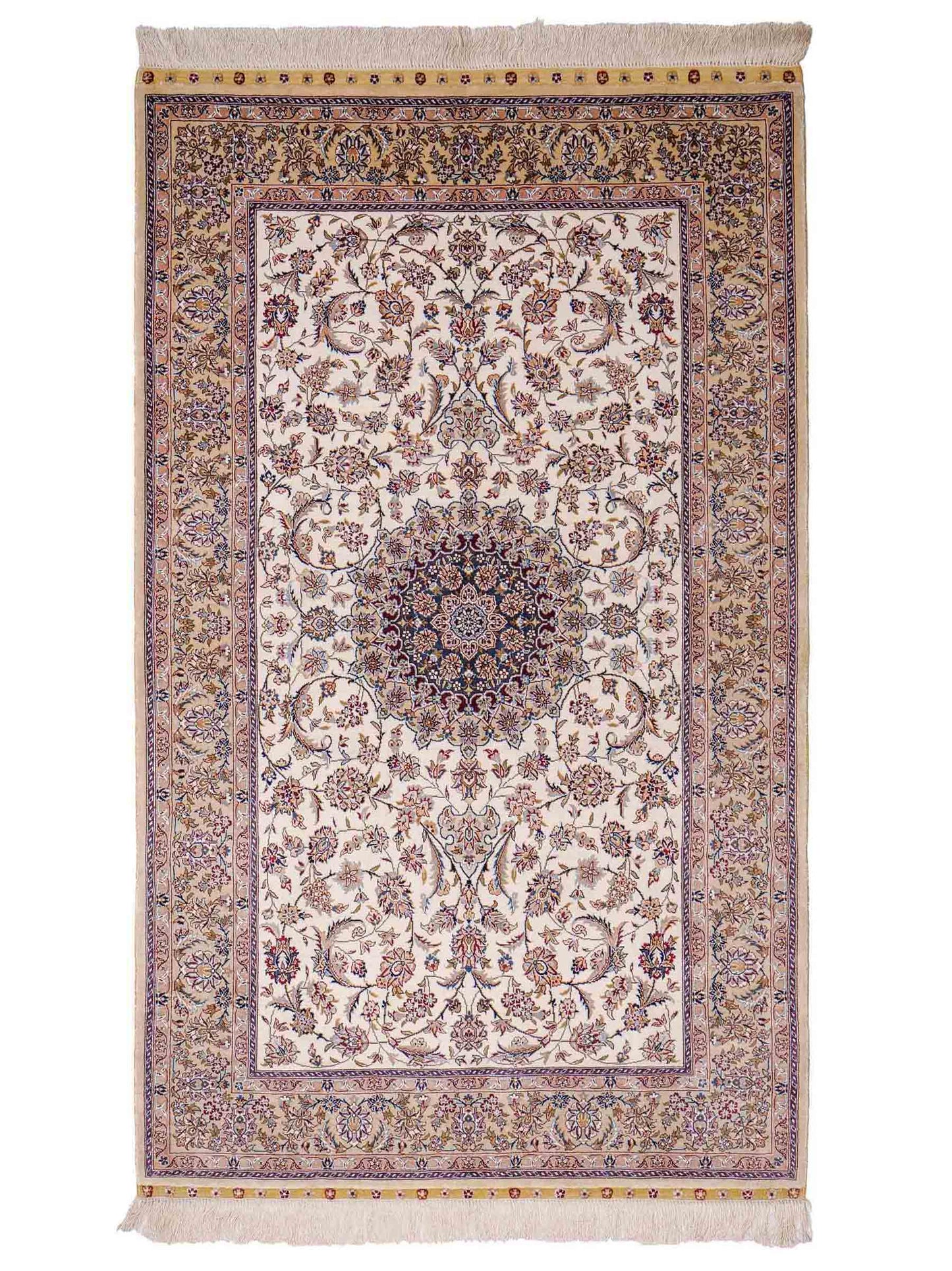 Sehr feiner, handgeknüpfter Khademi Nain Orientteppich aus Seide, weiß, creme. 154x95 cm. Vertrieb durch Jupiter Inl.