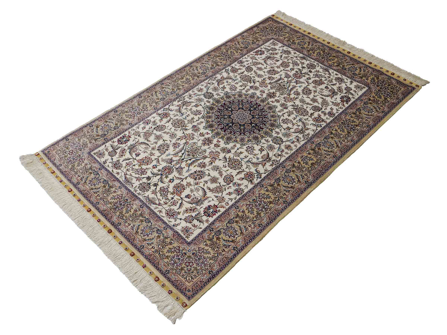 Sehr feiner, handgeknüpfter Khademi Nain Orientteppich aus Seide, weiß, creme. 154x95 cm. Vertrieb durch Jupiter Inl.