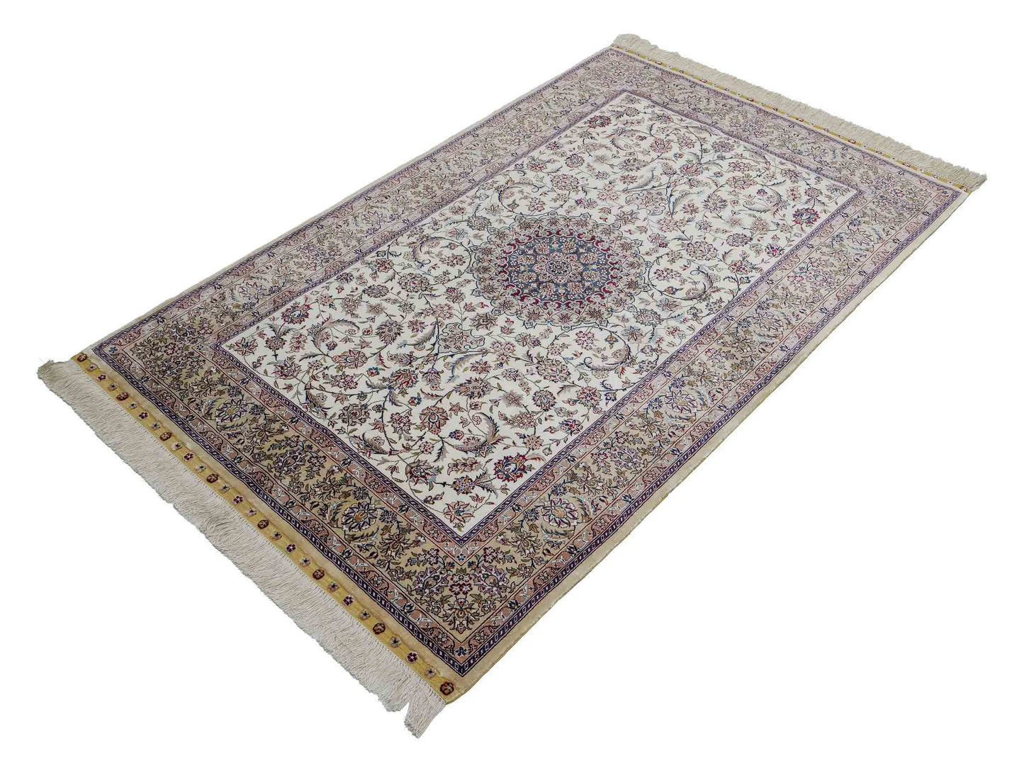 Sehr feiner, handgeknüpfter Khademi Nain Orientteppich aus Seide, weiß, creme. 154x95 cm. Vertrieb durch Jupiter Inl.