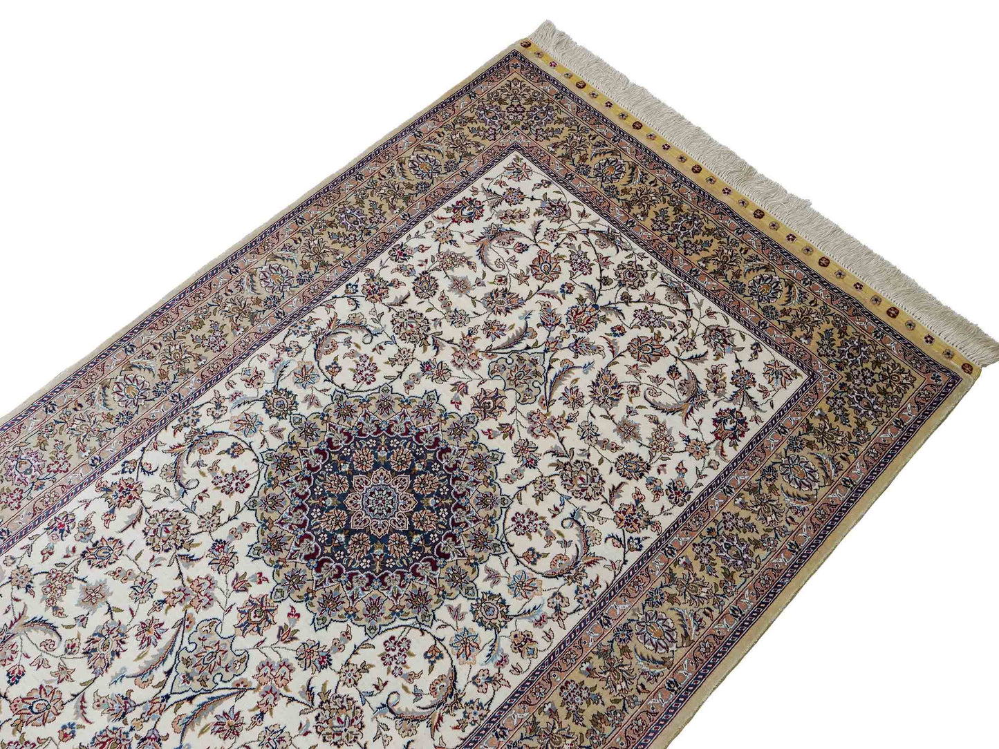 Sehr feiner, handgeknüpfter Khademi Nain Orientteppich aus Seide, weiß, creme. 154x95 cm. Vertrieb durch Jupiter Inl.