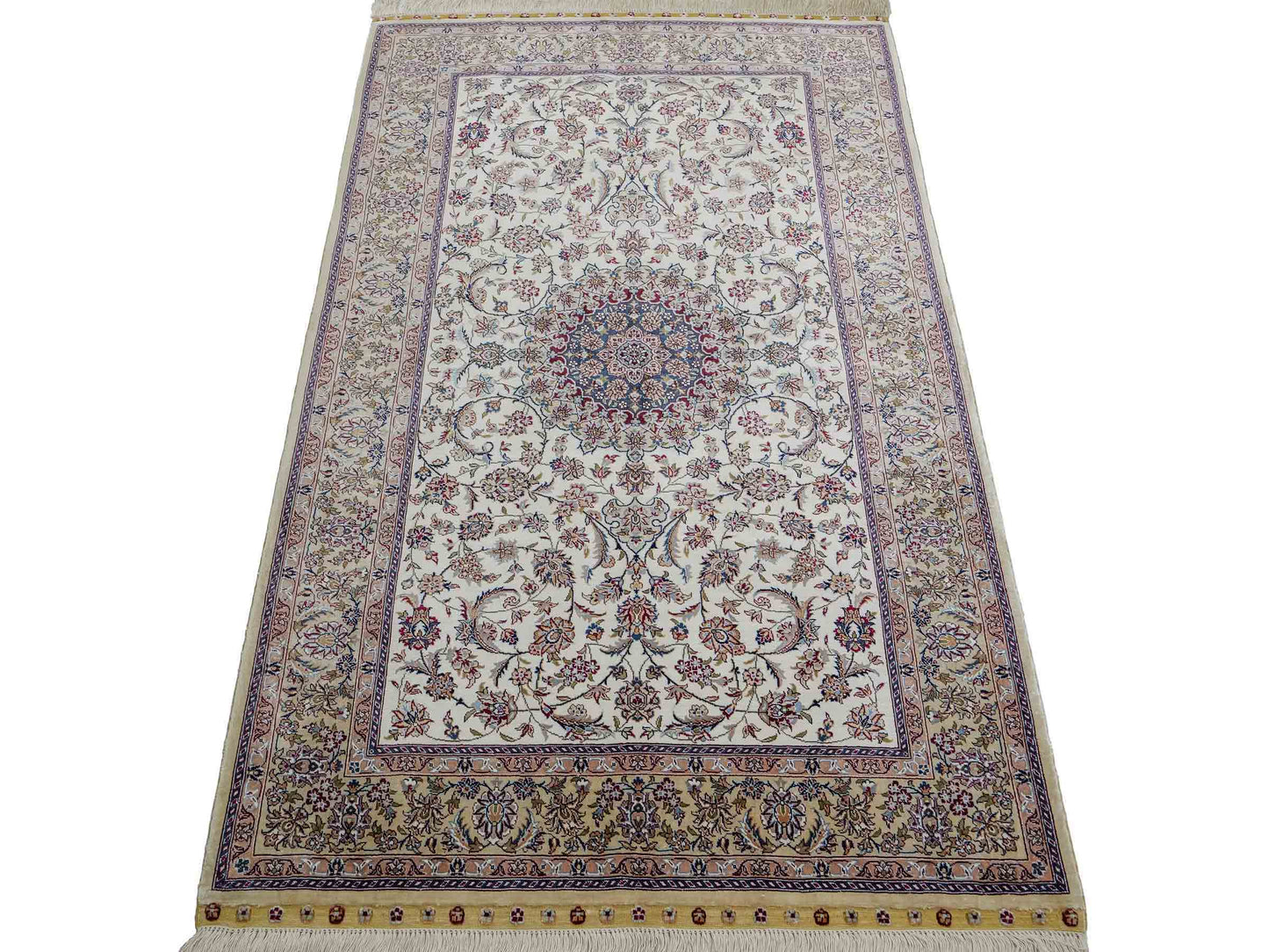 Sehr feiner, handgeknüpfter Khademi Nain Orientteppich aus Seide, weiß, creme. 154x95 cm. Vertrieb durch Jupiter Inl.