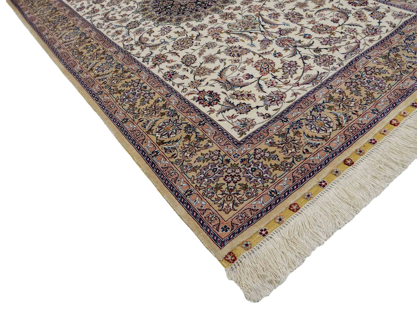 Sehr feiner, handgeknüpfter Khademi Nain Orientteppich aus Seide, weiß, creme. 154x95 cm. Vertrieb durch Jupiter Inl.