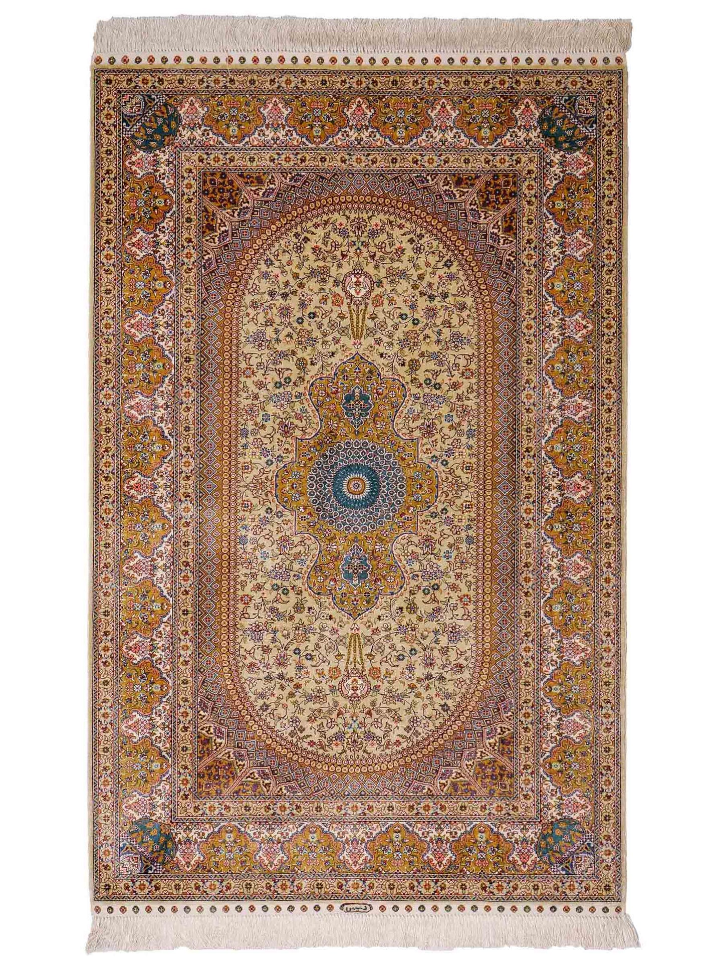 Sehr feiner, handgeknüpfter Khademi Orientteppich mit Nain Design aus Seide, gold, beige, creme. 155x95 cm. Vertrieb durch Jupiter Intl.