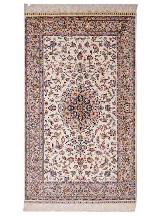 Sehr feiner, handgeknüpfter Khademi Nain Orientteppich aus Seide, creme, weiß. 156x95 cm. Vertrieb durch Jupiter Intl.