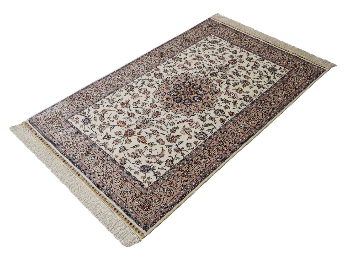 Sehr feiner, handgeknüpfter Khademi Nain Orientteppich aus Seide, creme, weiß. 156x95 cm. Vertrieb durch Jupiter Intl.