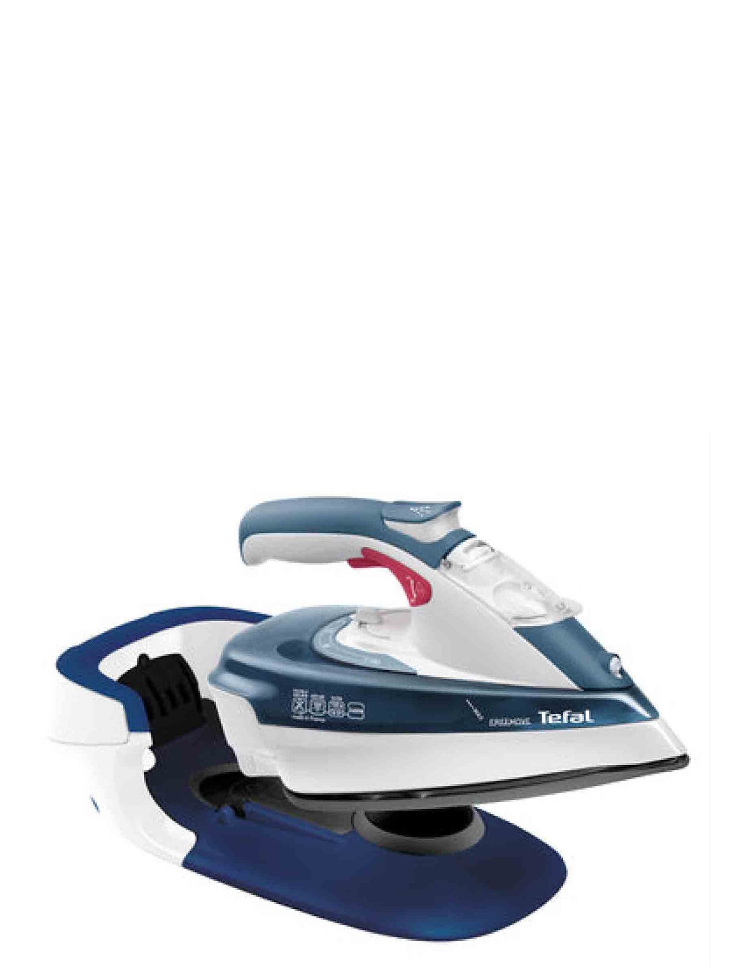 Tefal FV9960E0 Freemove 2400W kabelloses Dampfstationbügeleisen, blau und weiß. Seitenprofil.
