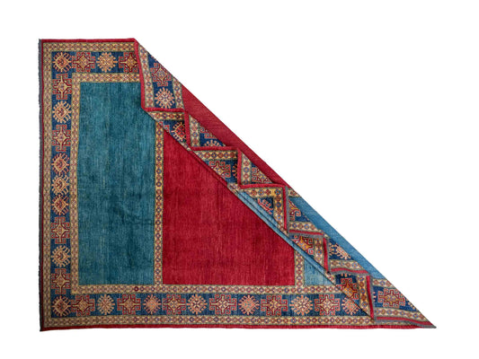 Handgeknüpfter Ziegler Kazak Orientteppich von Khademi aus Wolle, blau, rot. Klassisches Design. Von Hand geknüpft in Afghanistan. Größe: 283 cm x 209 cm. Teppichnummer: RB3-1011. Verkauf durch Jupiter Intl.