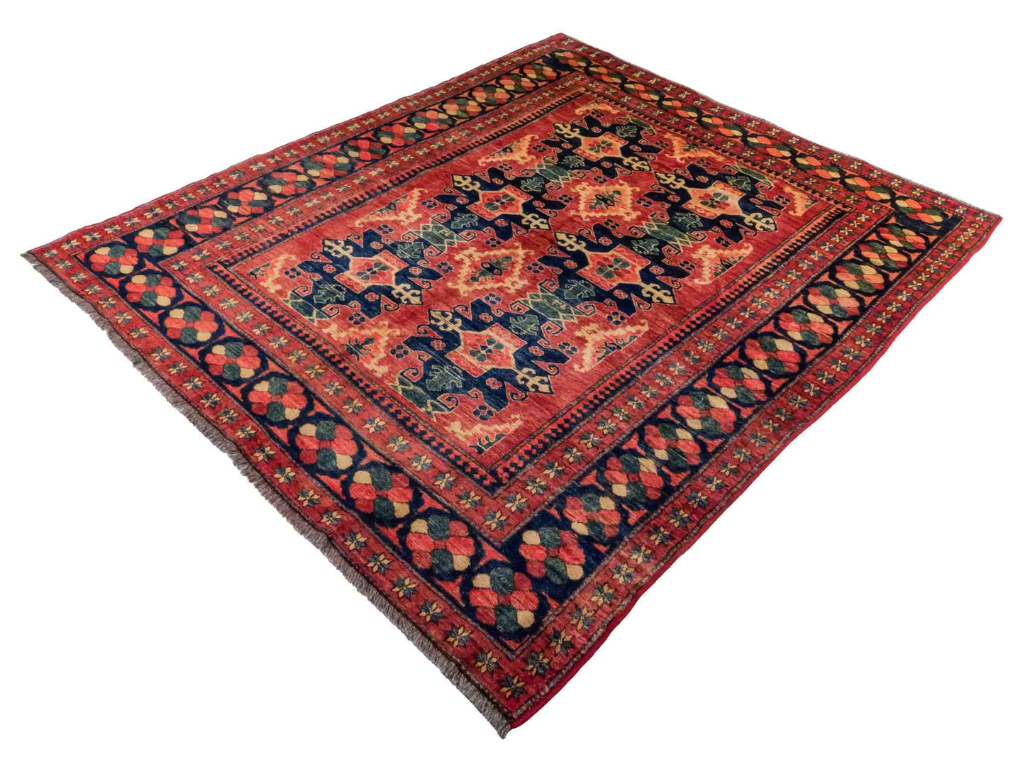 Handgeknüpfter Afghan Nomadenteppich von Khademi aus Wolle, rot. Klassisches, geometrisches Design. Traditionell von Hand geknüpft in Afghanistan. Größe: 224 cm x 190 cm. Teppichnummer: RB3-1032. Verkauf durch Jupiter Intl.