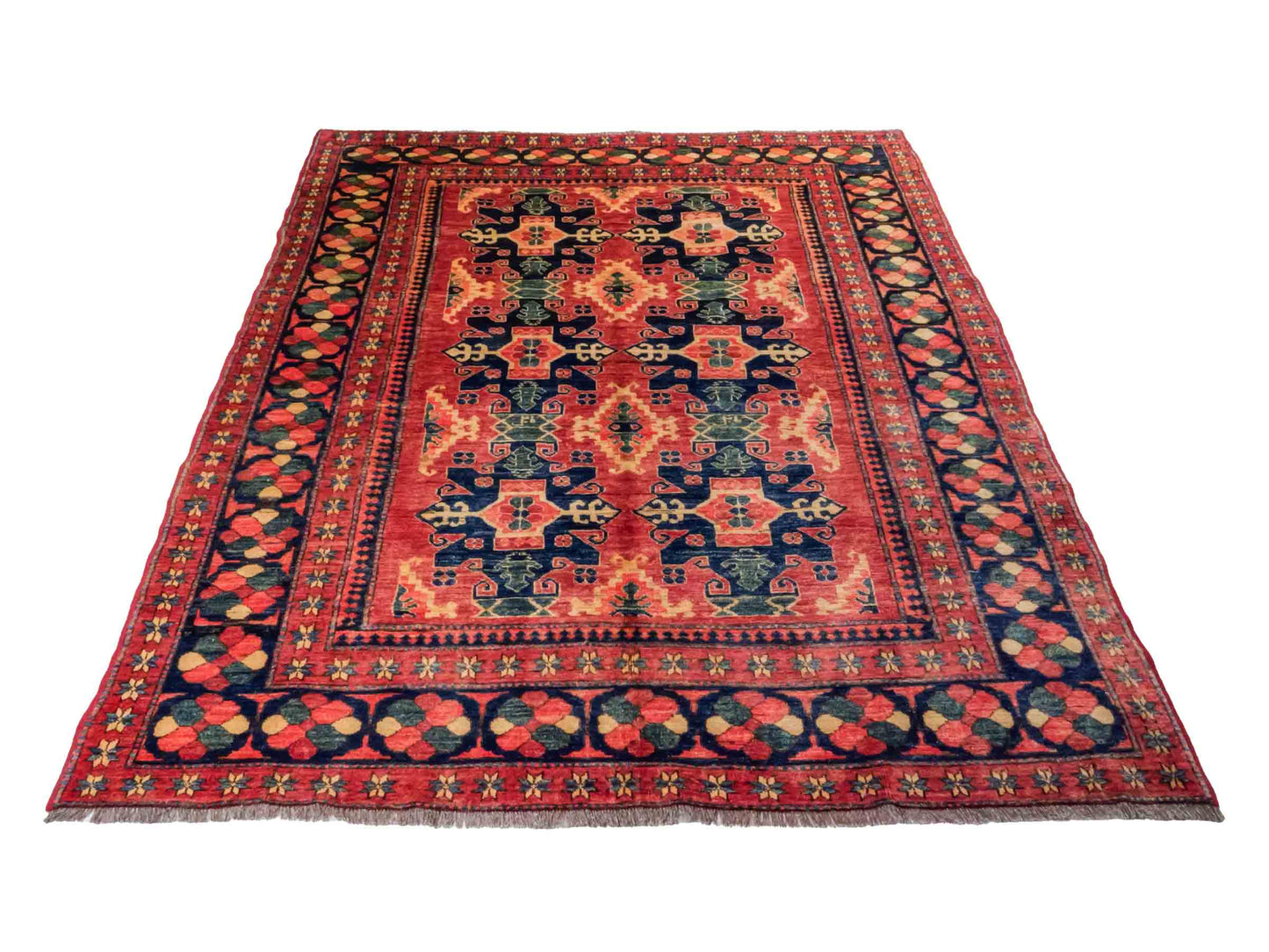 Handgeknüpfter Afghan Nomadenteppich von Khademi aus Wolle, rot. Klassisches, geometrisches Design. Traditionell von Hand geknüpft in Afghanistan. Größe: 224 cm x 190 cm. Teppichnummer: RB3-1032. Verkauf durch Jupiter Intl.