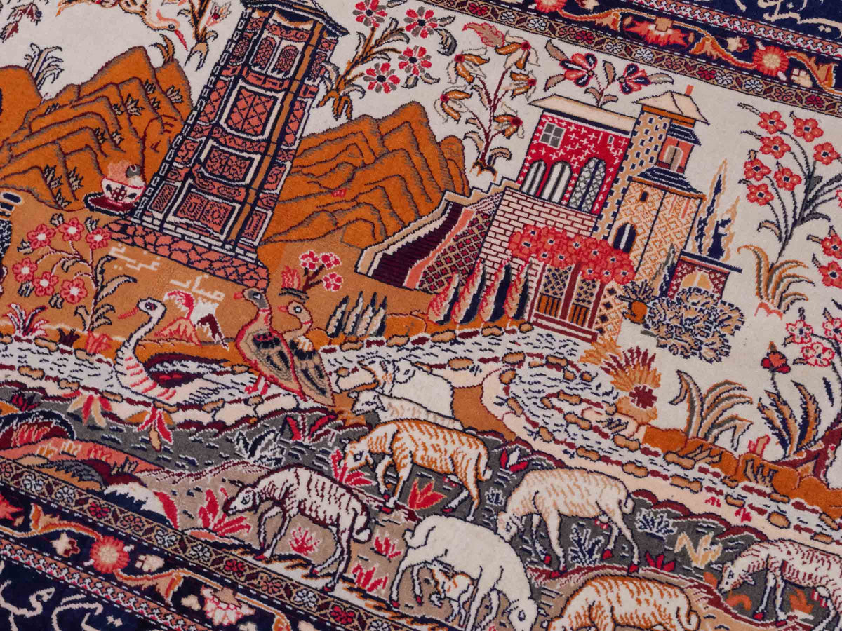Handgeknüpfter Afghan Orientteppich von Khademi aus Wolle, beige-navy. Klassischer Wandteppich mit Bildmotiv. Bildteppich, traditionell von Hand geknüpft in Afghanistan. Größe: 195 cm x 128 cm. Teppichnummer: SB3-1122 | Jupiter Intl.