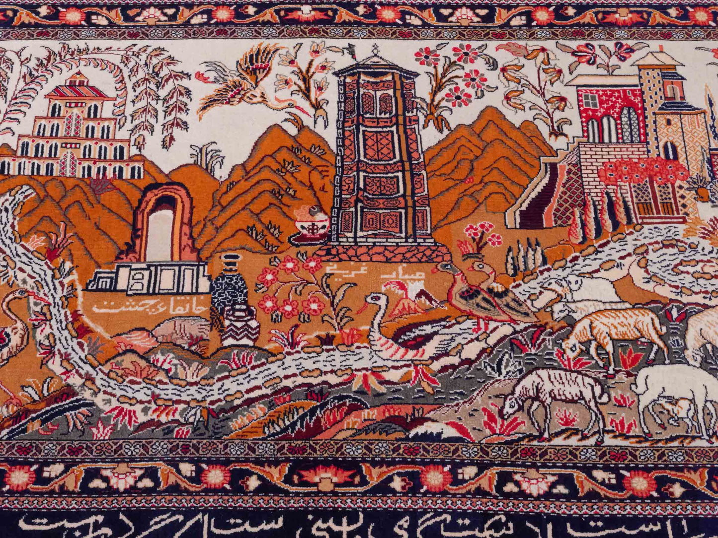 Handgeknüpfter Afghan Orientteppich von Khademi aus Wolle, beige-navy. Klassischer Wandteppich mit Bildmotiv. Bildteppich, traditionell von Hand geknüpft in Afghanistan. Größe: 195 cm x 128 cm. Teppichnummer: SB3-1122 | Jupiter Intl.