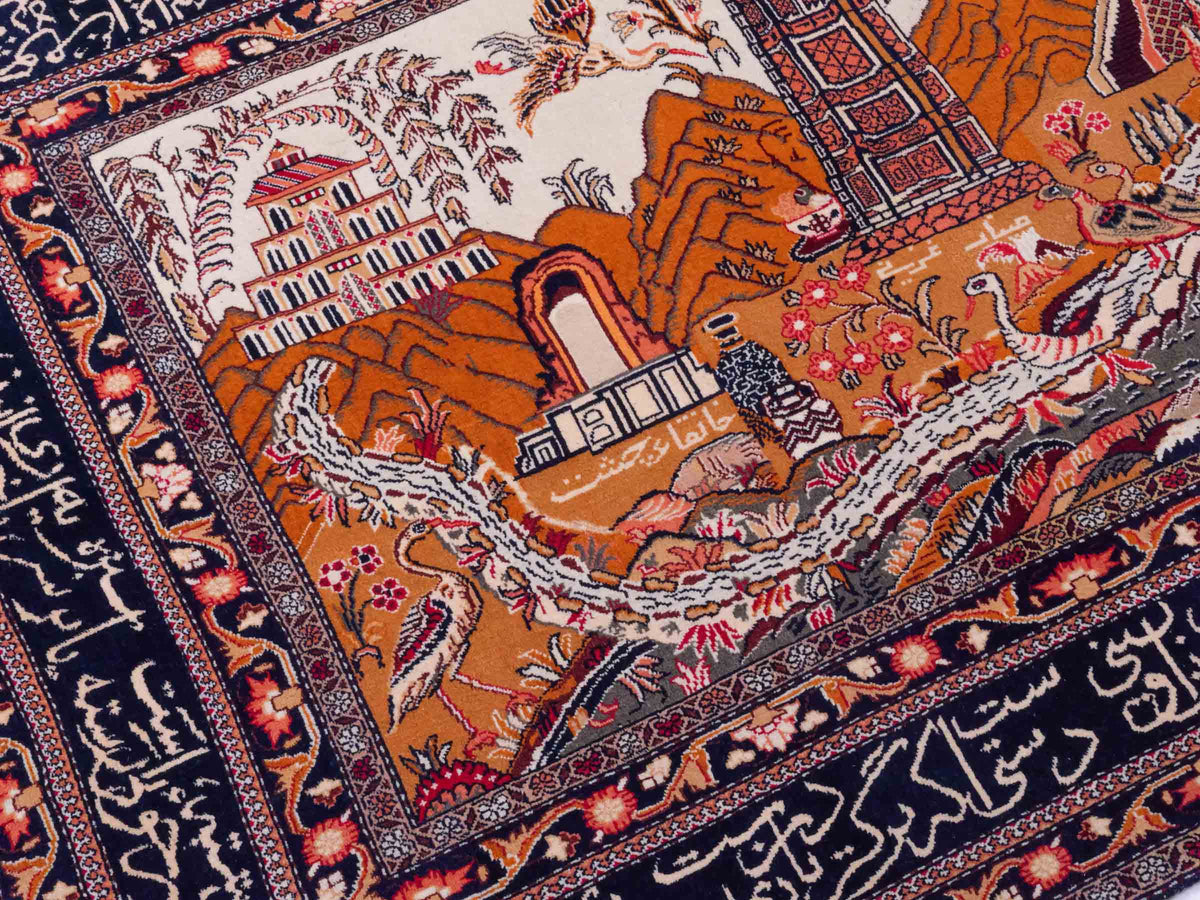 Handgeknüpfter Afghan Orientteppich von Khademi aus Wolle, beige-navy. Klassischer Wandteppich mit Bildmotiv. Bildteppich, traditionell von Hand geknüpft in Afghanistan. Größe: 195 cm x 128 cm. Teppichnummer: SB3-1122 | Jupiter Intl.