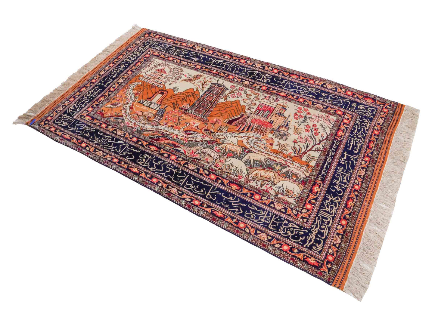 Handgeknüpfter Afghan Orientteppich von Khademi aus Wolle, beige-navy. Klassischer Wandteppich mit Bildmotiv. Bildteppich, traditionell von Hand geknüpft in Afghanistan. Größe: 195 cm x 128 cm. Teppichnummer: SB3-1122 | Jupiter Intl.