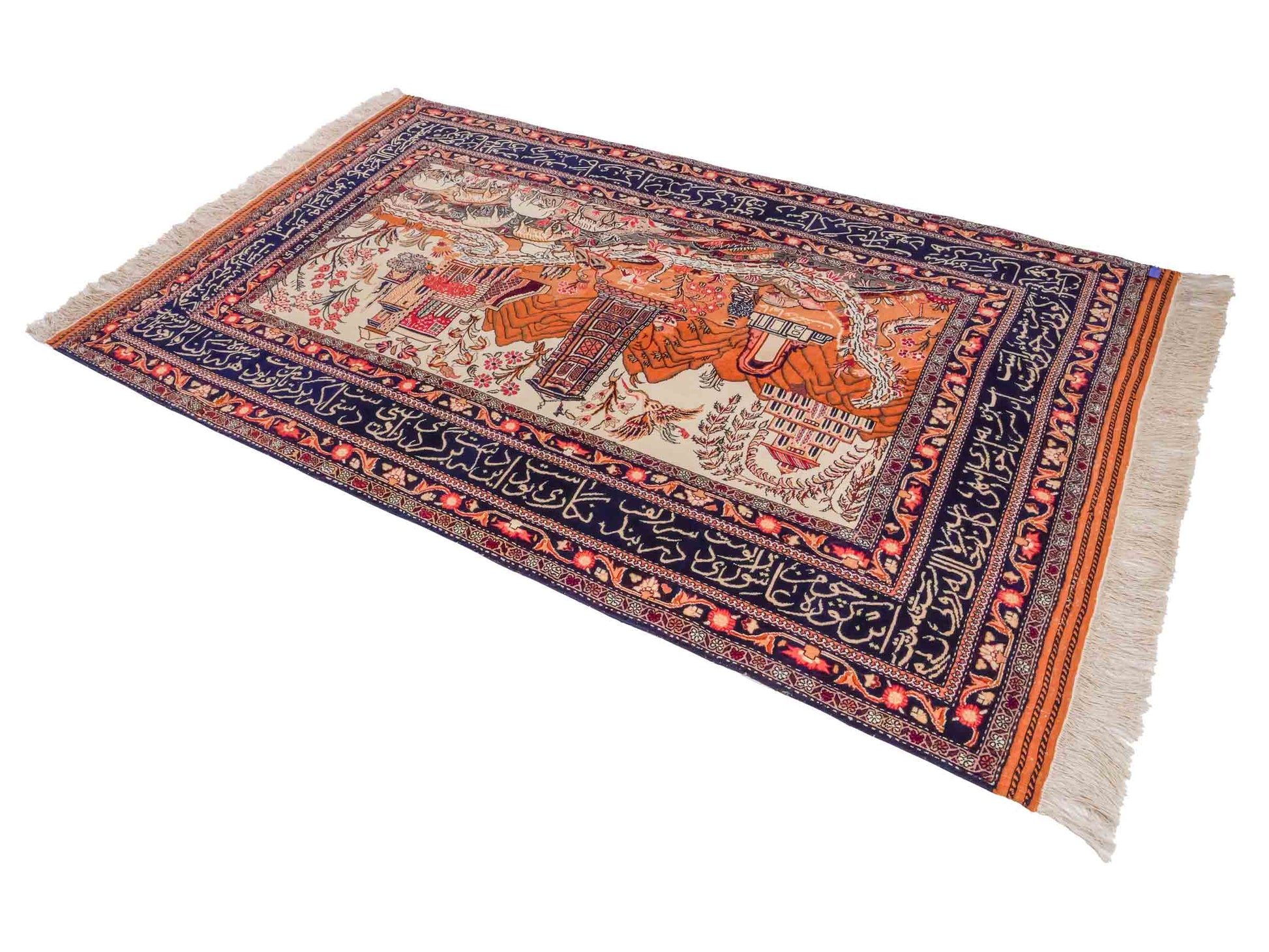 Handgeknüpfter Afghan Orientteppich von Khademi aus Wolle, beige-navy. Klassischer Wandteppich mit Bildmotiv. Bildteppich, traditionell von Hand geknüpft in Afghanistan. Größe: 195 cm x 128 cm. Teppichnummer: SB3-1122 | Jupiter Intl.