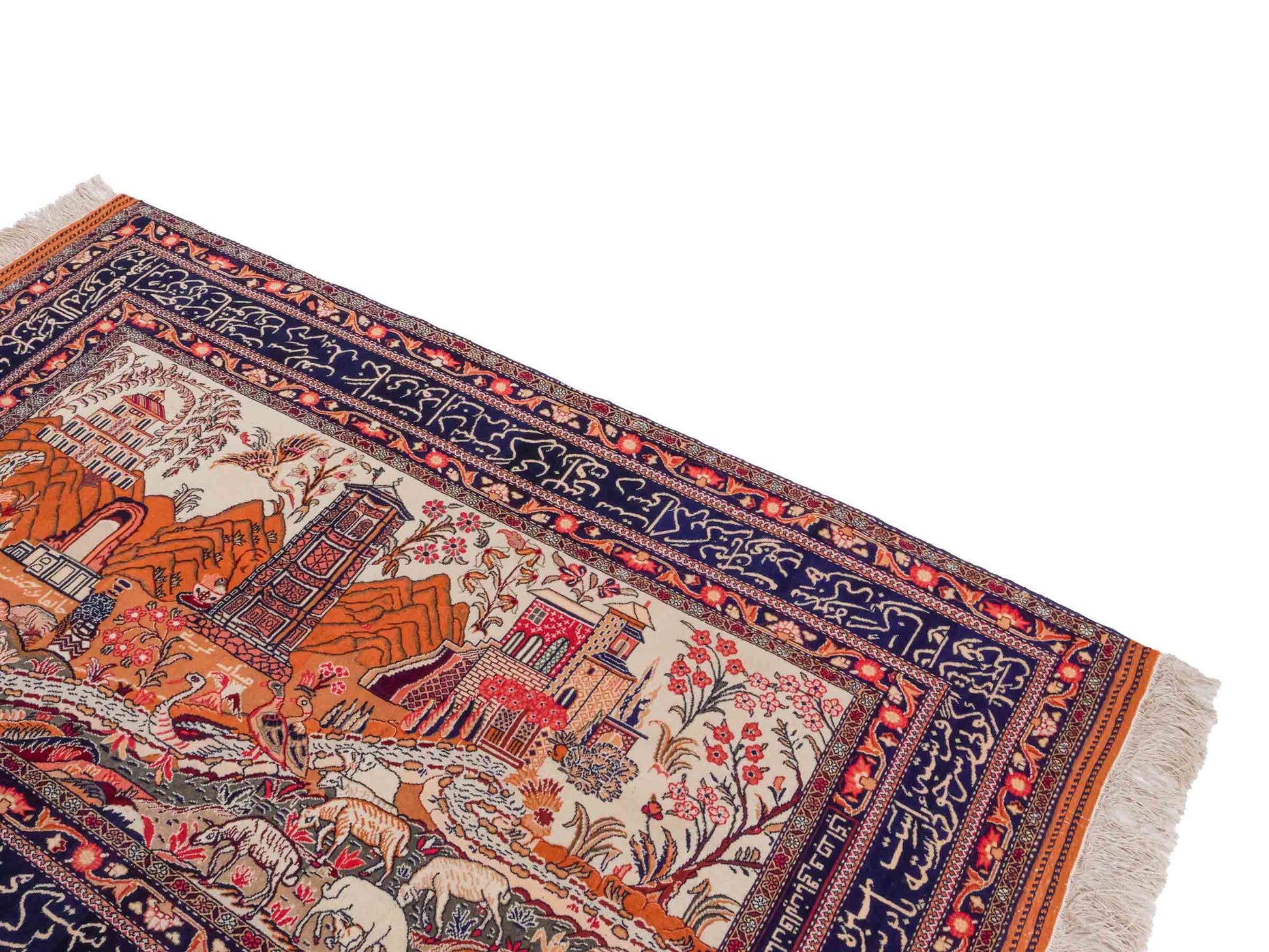 Handgeknüpfter Afghan Orientteppich von Khademi aus Wolle, beige-navy. Klassischer Wandteppich mit Bildmotiv. Bildteppich, traditionell von Hand geknüpft in Afghanistan. Größe: 195 cm x 128 cm. Teppichnummer: SB3-1122 | Jupiter Intl.