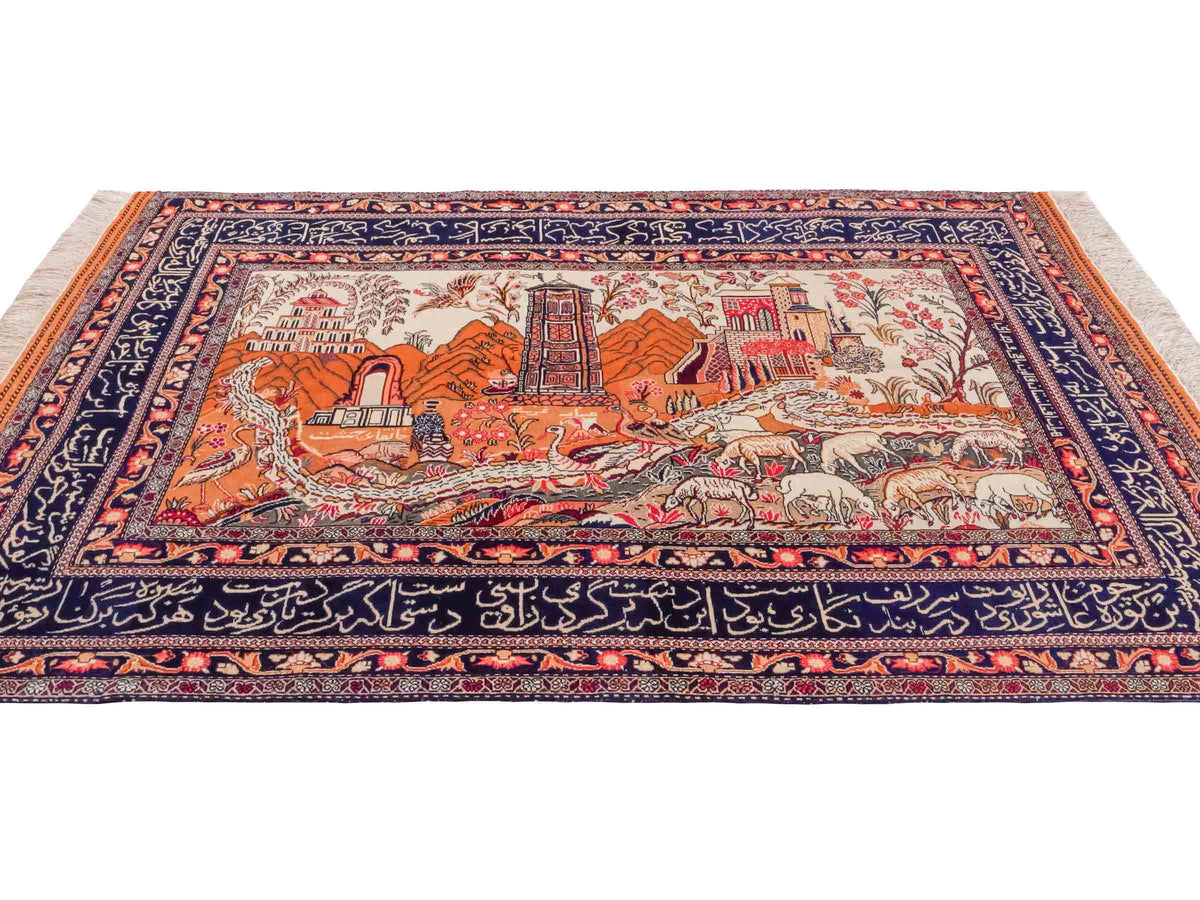 Handgeknüpfter Afghan Orientteppich von Khademi aus Wolle, beige-navy. Klassischer Wandteppich mit Bildmotiv. Bildteppich, traditionell von Hand geknüpft in Afghanistan. Größe: 195 cm x 128 cm. Teppichnummer: SB3-1122 | Jupiter Intl.