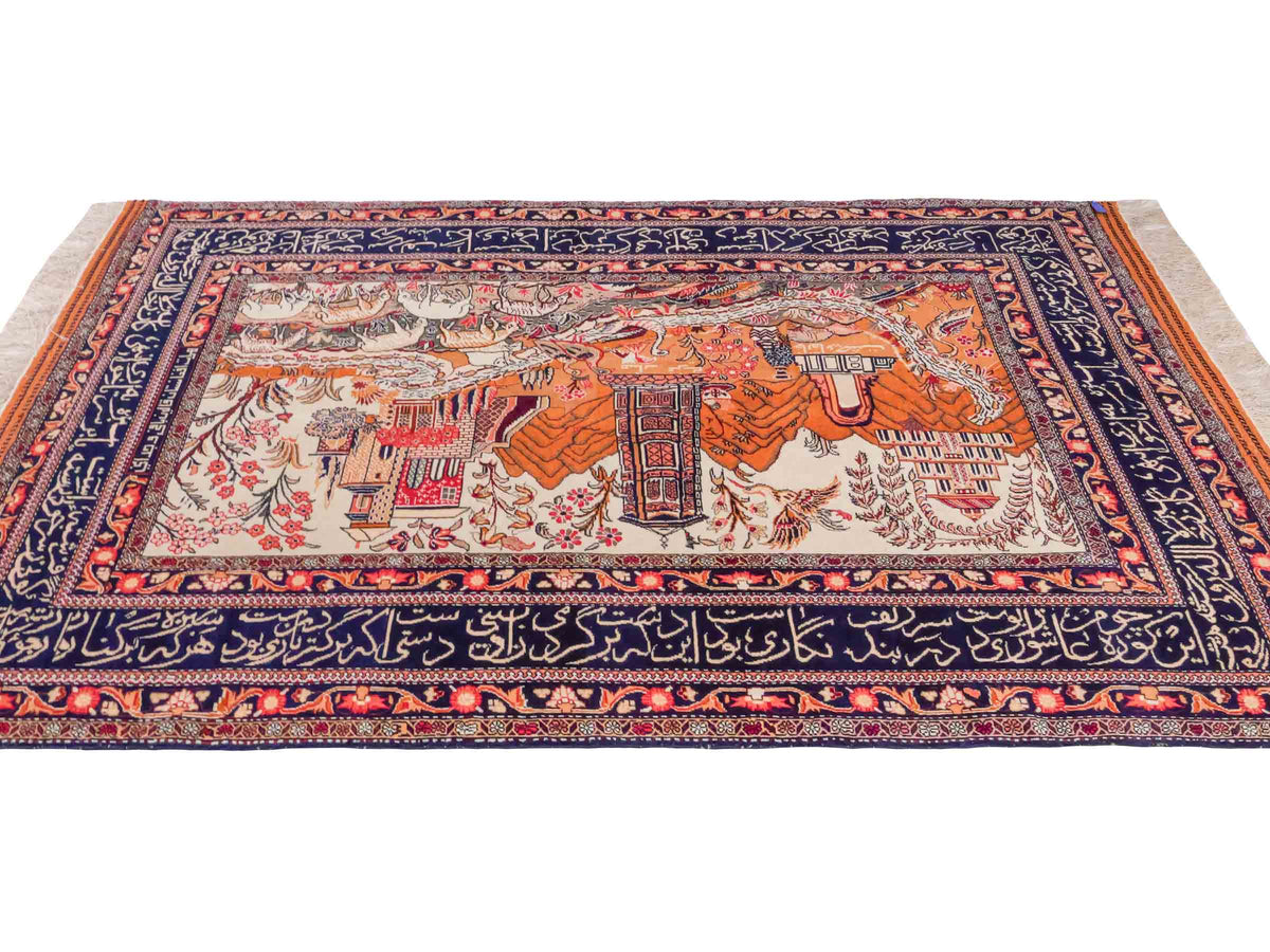 Handgeknüpfter Afghan Orientteppich von Khademi aus Wolle, beige-navy. Klassischer Wandteppich mit Bildmotiv. Bildteppich, traditionell von Hand geknüpft in Afghanistan. Größe: 195 cm x 128 cm. Teppichnummer: SB3-1122 | Jupiter Intl.