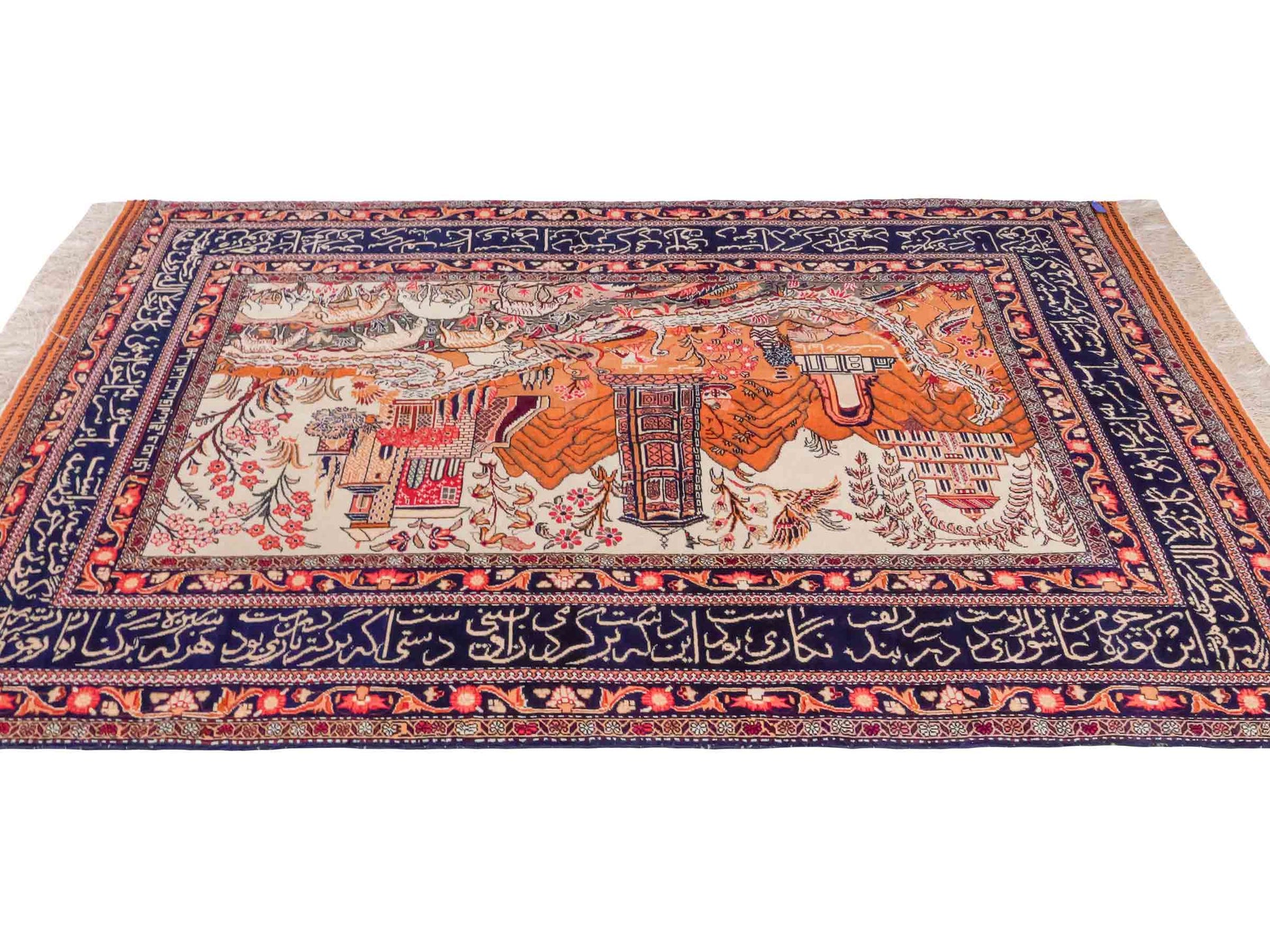 Handgeknüpfter Afghan Orientteppich von Khademi aus Wolle, beige-navy. Klassischer Wandteppich mit Bildmotiv. Bildteppich, traditionell von Hand geknüpft in Afghanistan. Größe: 195 cm x 128 cm. Teppichnummer: SB3-1122 | Jupiter Intl.