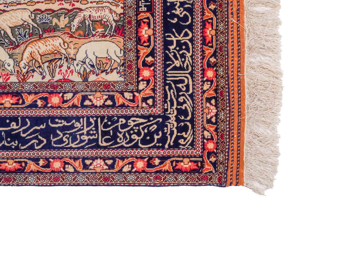 Handgeknüpfter Afghan Orientteppich von Khademi aus Wolle, beige-navy. Klassischer Wandteppich mit Bildmotiv. Bildteppich, traditionell von Hand geknüpft in Afghanistan. Größe: 195 cm x 128 cm. Teppichnummer: SB3-1122 | Jupiter Intl.