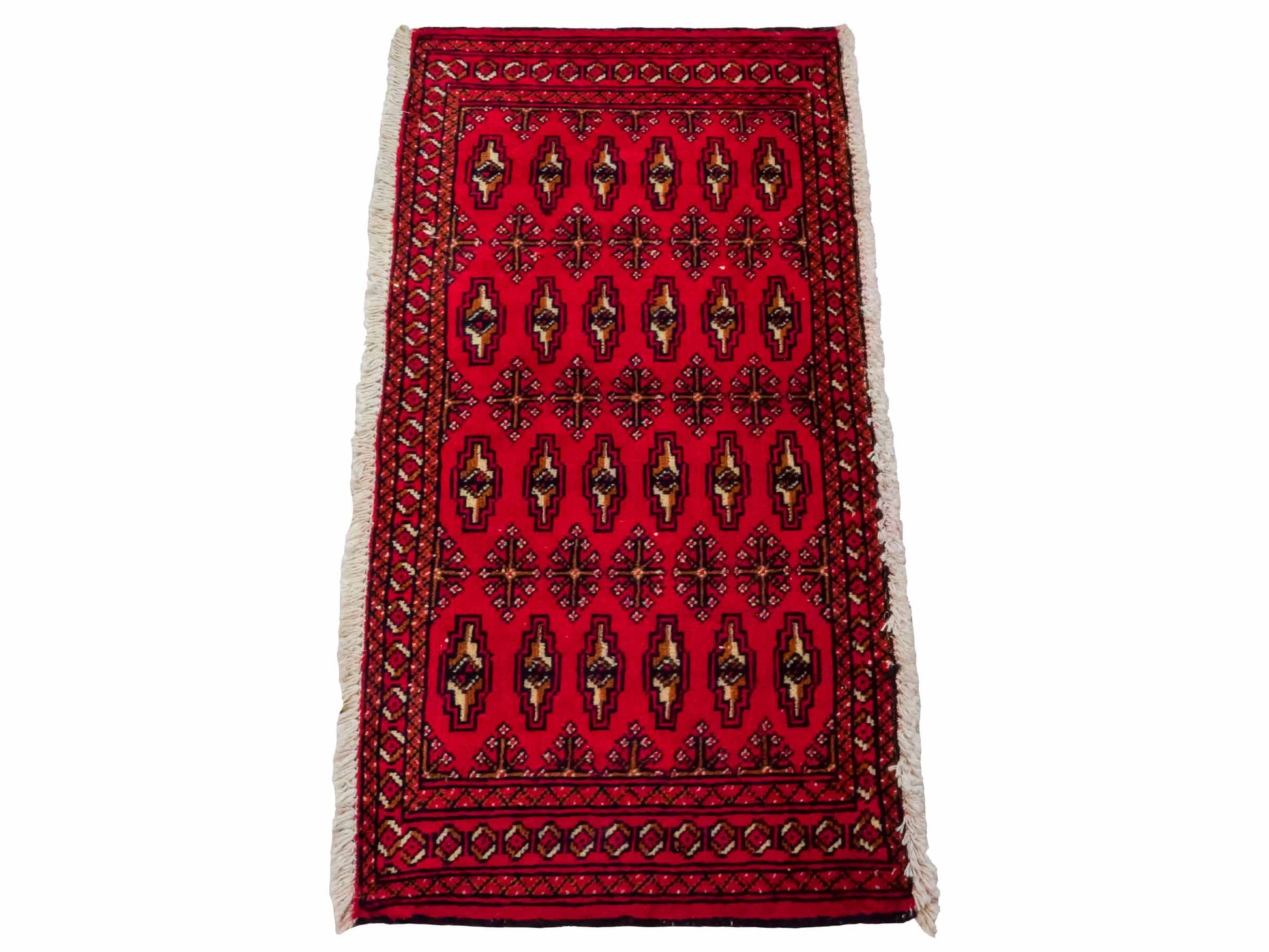 Handgeknüpfter Vintage Turkaman Nomadenteppich von Khademi aus Wolle, rot. Bukhara Allover-Design. Von Hand geknüpft in Iran. Größe: 103 cm x 51 cm. Teppichnummer: DB3-1029. Verkauf durch Jupiter Intl.
