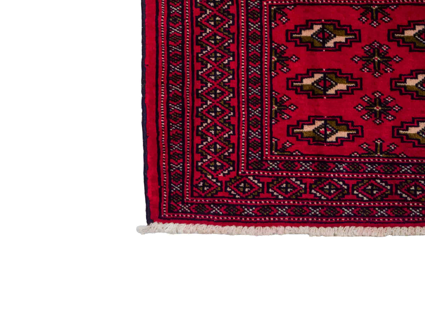 Handgeknüpfter Vintage Turkaman Nomadenteppich von Khademi aus Wolle, rot. Bukhara Allover-Design. Von Hand geknüpft in Iran. Größe: 48 cm x 105 cm. Teppichnummer: DB3-1024. Verkauf durch Jupiter Intl.