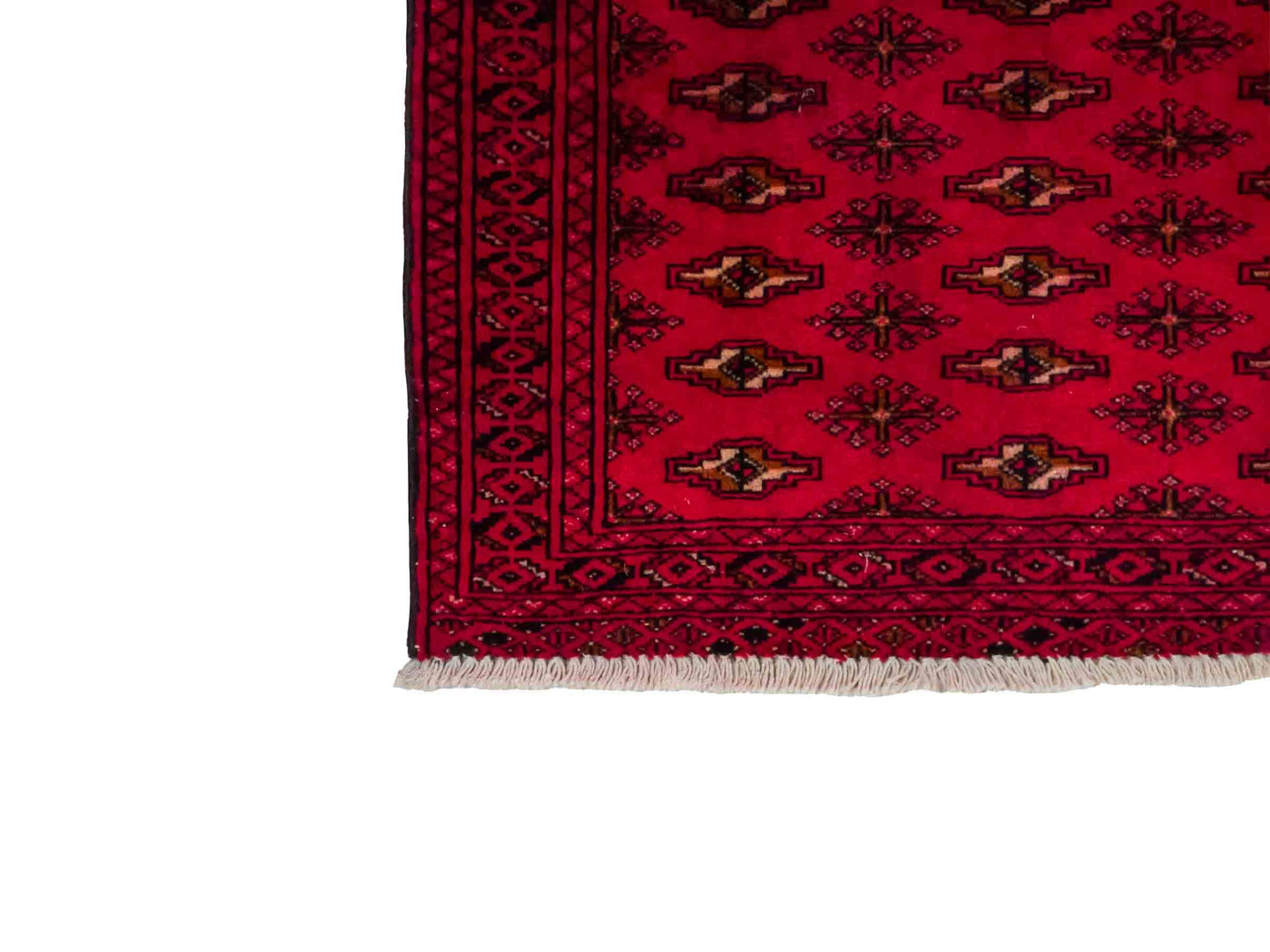 Handgeknüpfter Vintage Turkaman Nomadenteppich von Khademi aus Wolle, rot. Bukhara Allover-Design. Von Hand geknüpft in Iran. Größe: 105 cm x 50 cm. Teppichnummer: DB3-1028. Verkauf durch Jupiter Intl.