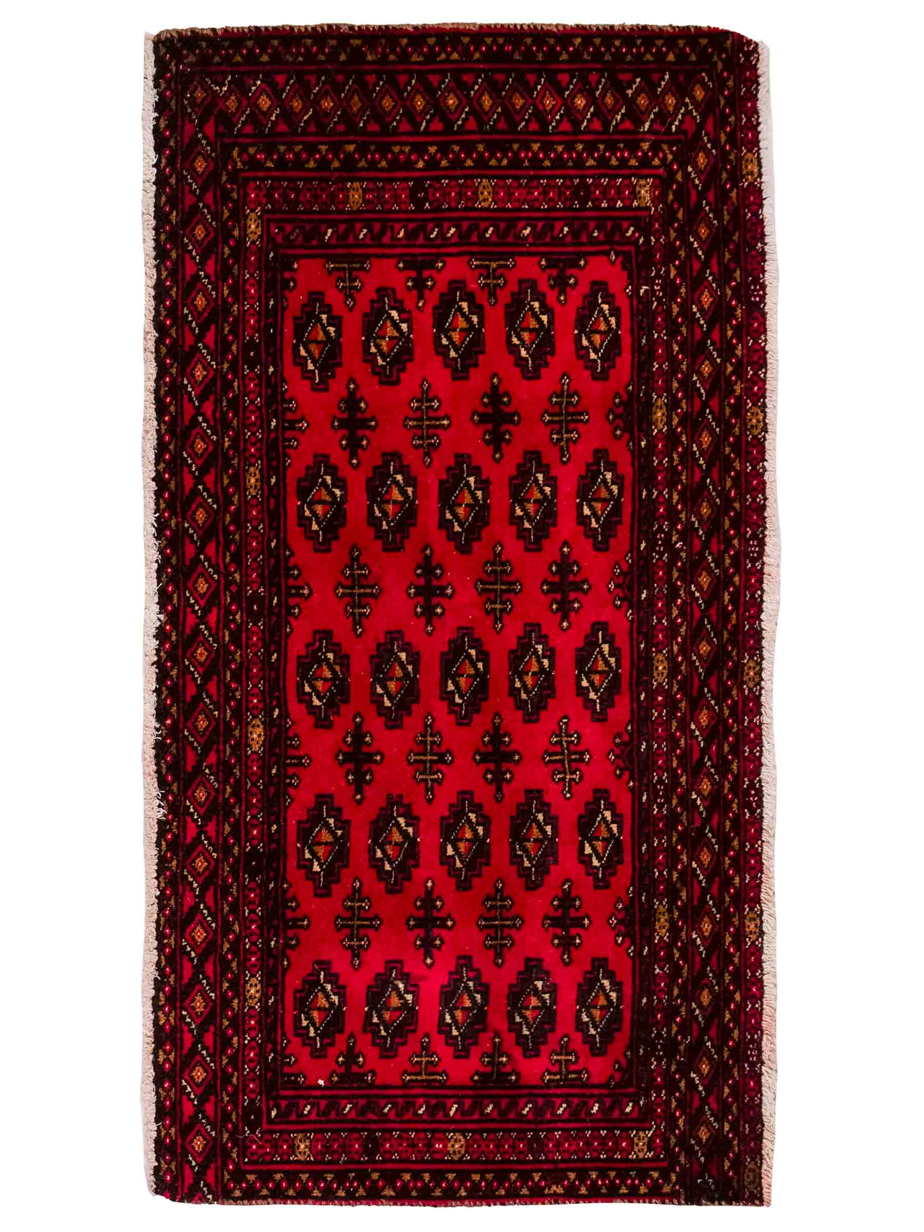 Handgeknüpfter Vintage Turkaman Nomadenteppich von Khademi aus Wolle, rot. Bukhara Allover-Design. Von Hand geknüpft in Iran. Größe: 110 cm x 50 cm. Teppichnummer: DB3-1012. Verkauf durch Jupiter Intl.