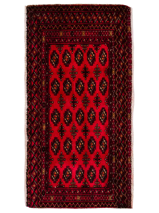 Handgeknüpfter Vintage Turkaman Nomadenteppich von Khademi aus Wolle, rot. Bukhara Allover-Design. Von Hand geknüpft in Iran. Größe: 110 cm x 50 cm. Teppichnummer: DB3-1012. Verkauf durch Jupiter Intl.