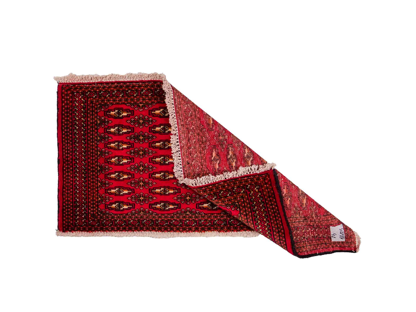 Handgeknüpfter Vintage Turkaman Nomadenteppich von Khademi aus Wolle, rot. Bukhara Allover-Design. Von Hand geknüpft in Iran. Größe: 125 cm x 62 cm. Teppichnummer: DB3-1010. Verkauf durch Jupiter Intl.