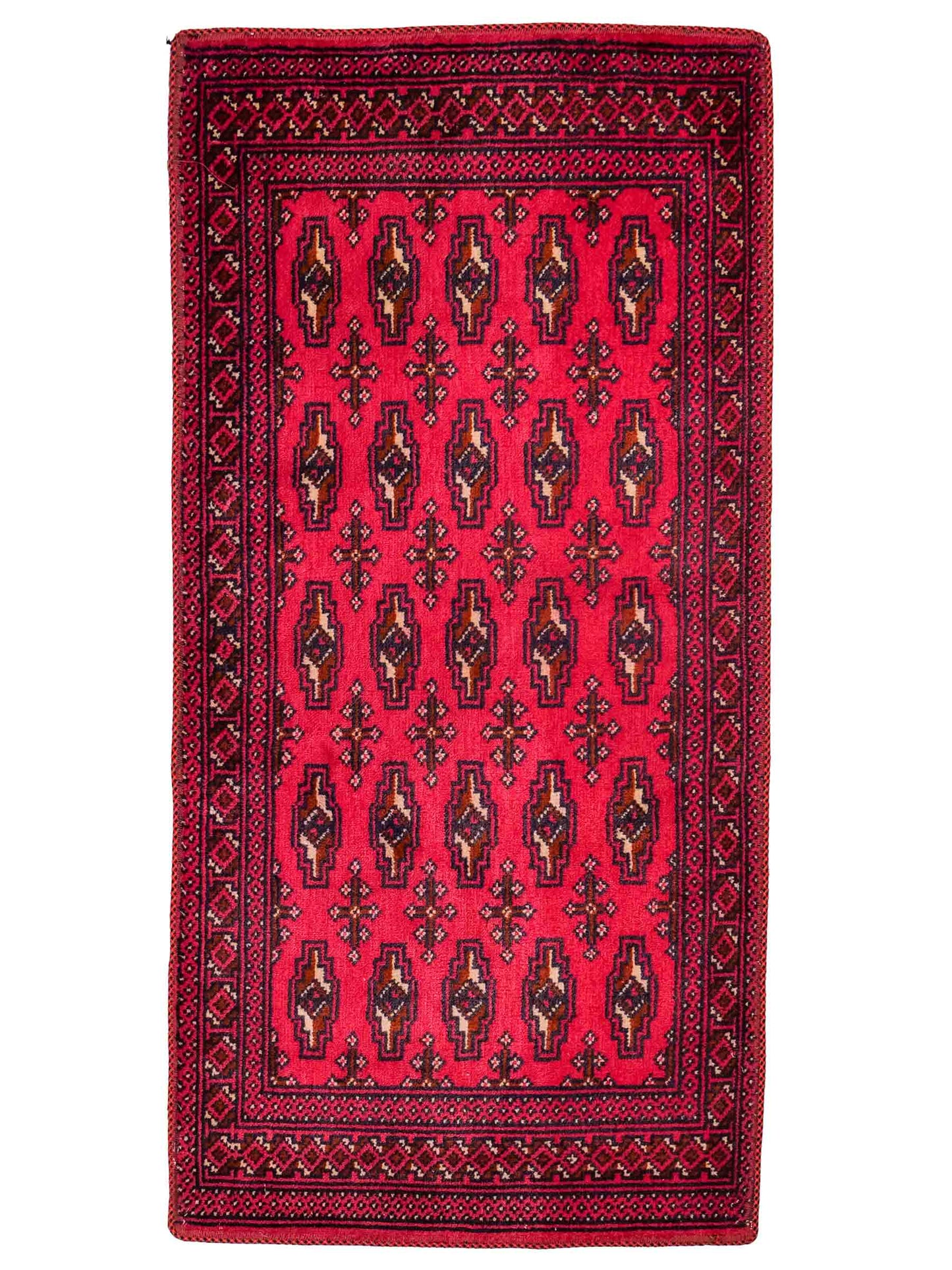 Handgeknüpfter Turkaman Nomadenteppich von Khademi aus Wolle, rot. Bukhara Allover-Design. Von Hand geknüpft in Iran. Größe: 130 cm x 60 cm. Teppichnummer: DB3-1011. Verkauf durch Jupiter Intl.