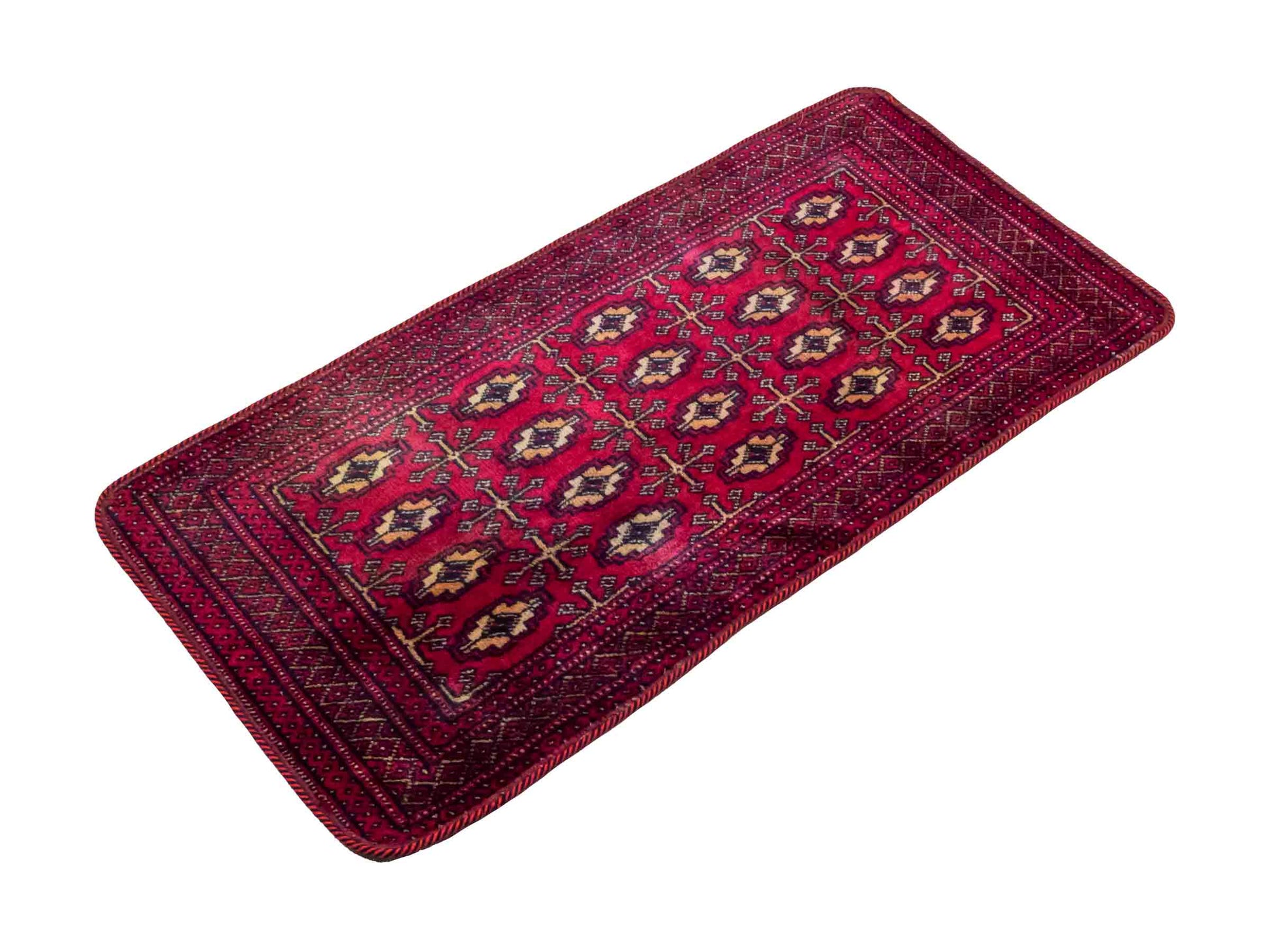 Handgeknüpfter Vintage Turkaman Nomadenteppich von Khademi aus Wolle, rot. Bukhara Allover-Design. Von Hand geknüpft in Iran. Größe: 125 cm x 57 cm. Teppichnummer: DB3-1023. Verkauf durch Jupiter Intl.