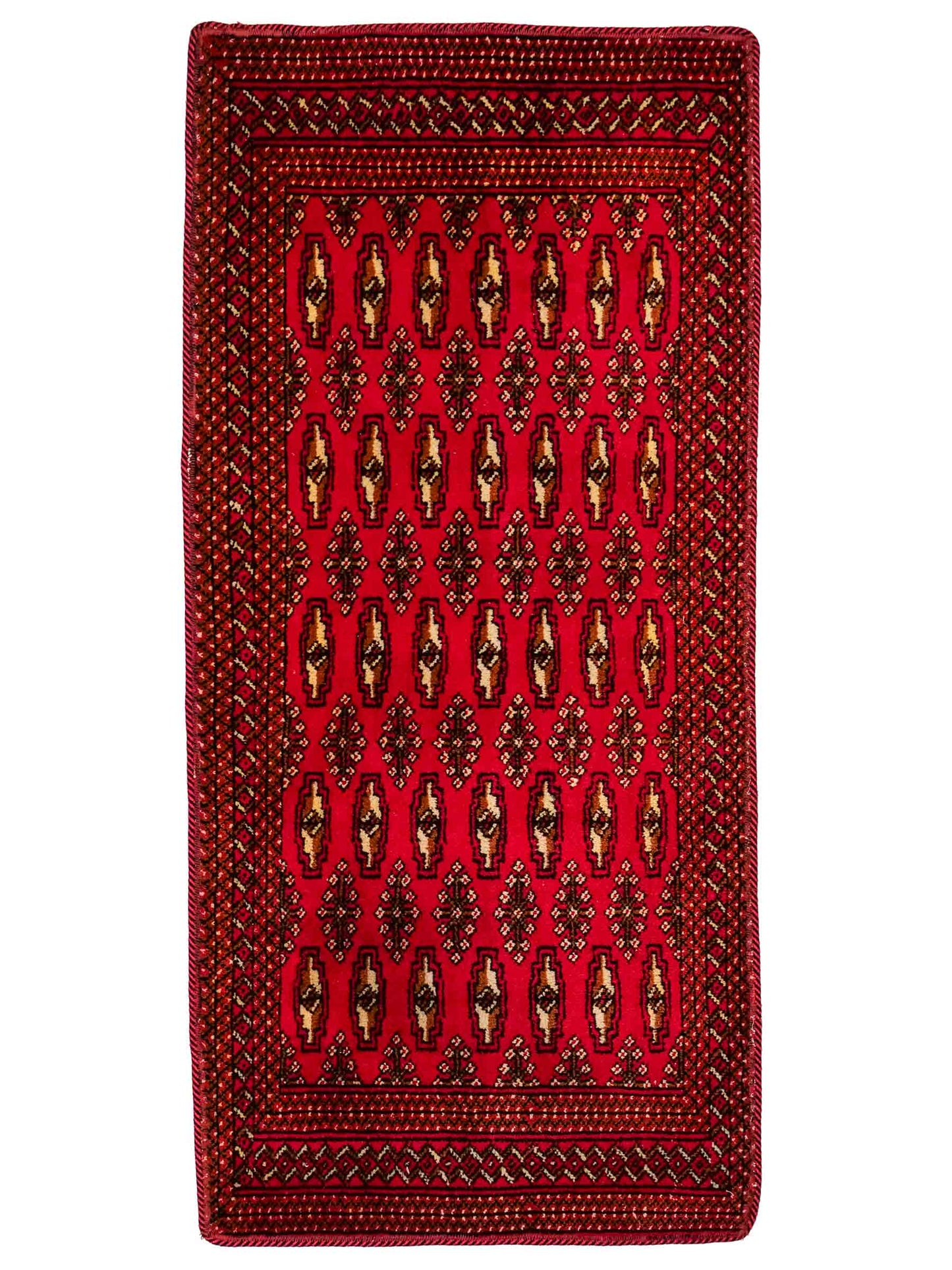 Handgeknüpfter Vintage Turkaman Nomadenteppich von Khademi aus Wolle, rot. Bukhara Allover-Design. Von Hand geknüpft in Iran. Größe: 130 cm x 60 cm. Teppichnummer: DB3-1025. Verkauf durch Jupiter Intl.
