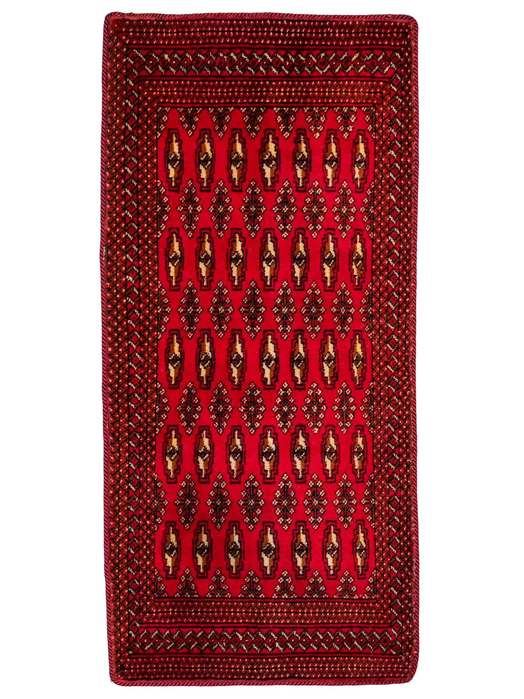 Handgeknüpfter Vintage Turkaman Nomadenteppich von Khademi aus Wolle, rot. Bukhara Allover-Design. Von Hand geknüpft in Iran. Größe: 130 cm x 60 cm. Teppichnummer: DB3-1025. Verkauf durch Jupiter Intl.