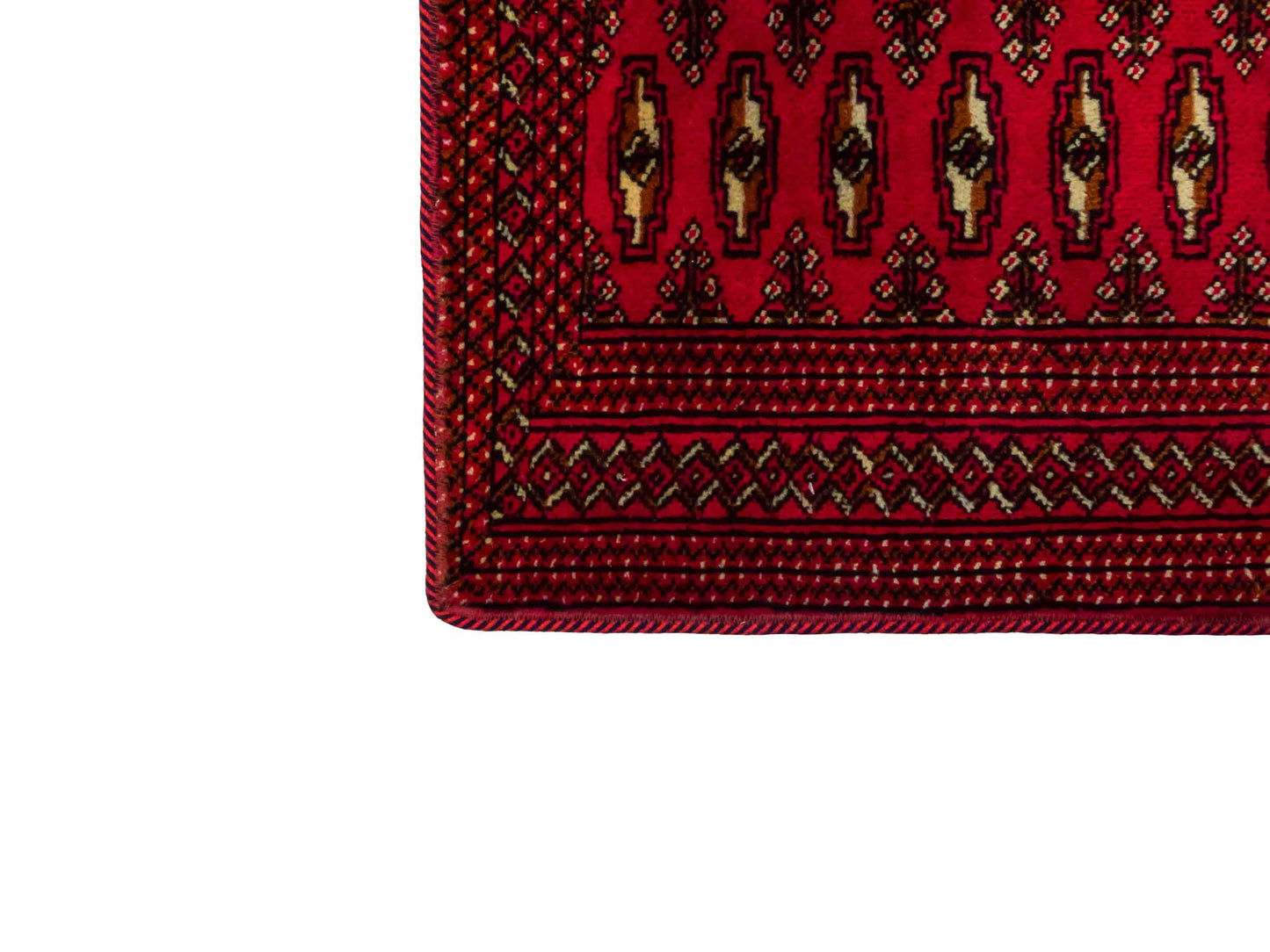 Handgeknüpfter Vintage Turkaman Nomadenteppich von Khademi aus Wolle, rot. Bukhara Allover-Design. Von Hand geknüpft in Iran. Größe: 130 cm x 60 cm. Teppichnummer: DB3-1025. Verkauf durch Jupiter Intl.