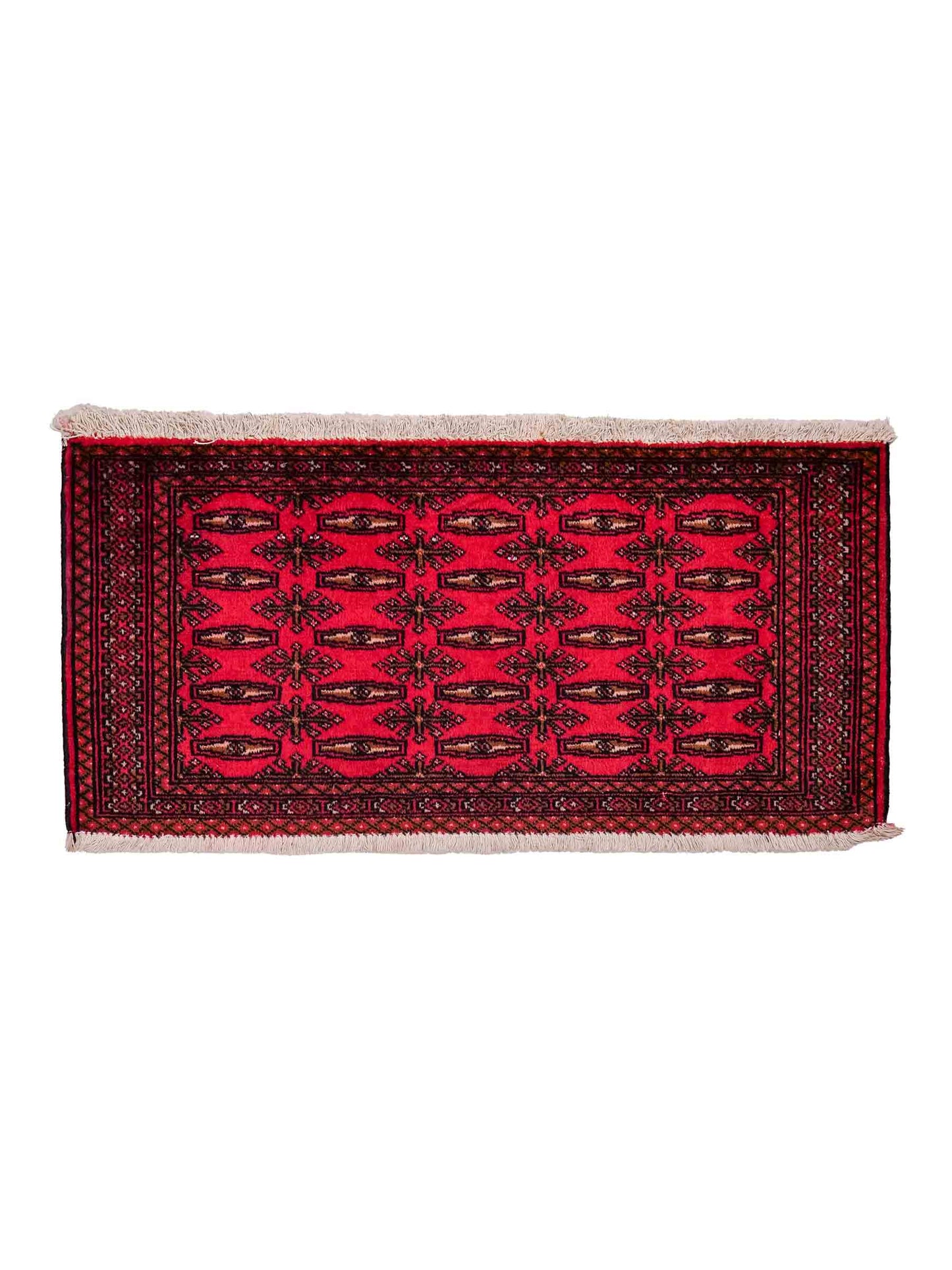 Handgeknüpfter Vintage Turkaman Nomadenteppich von Khademi aus Wolle, rot. Bukhara Allover-Design. Von Hand geknüpft in Iran. Größe: 115 cm x 50 cm. Teppichnummer: DB3-1013. Verkauf durch Jupiter Intl.