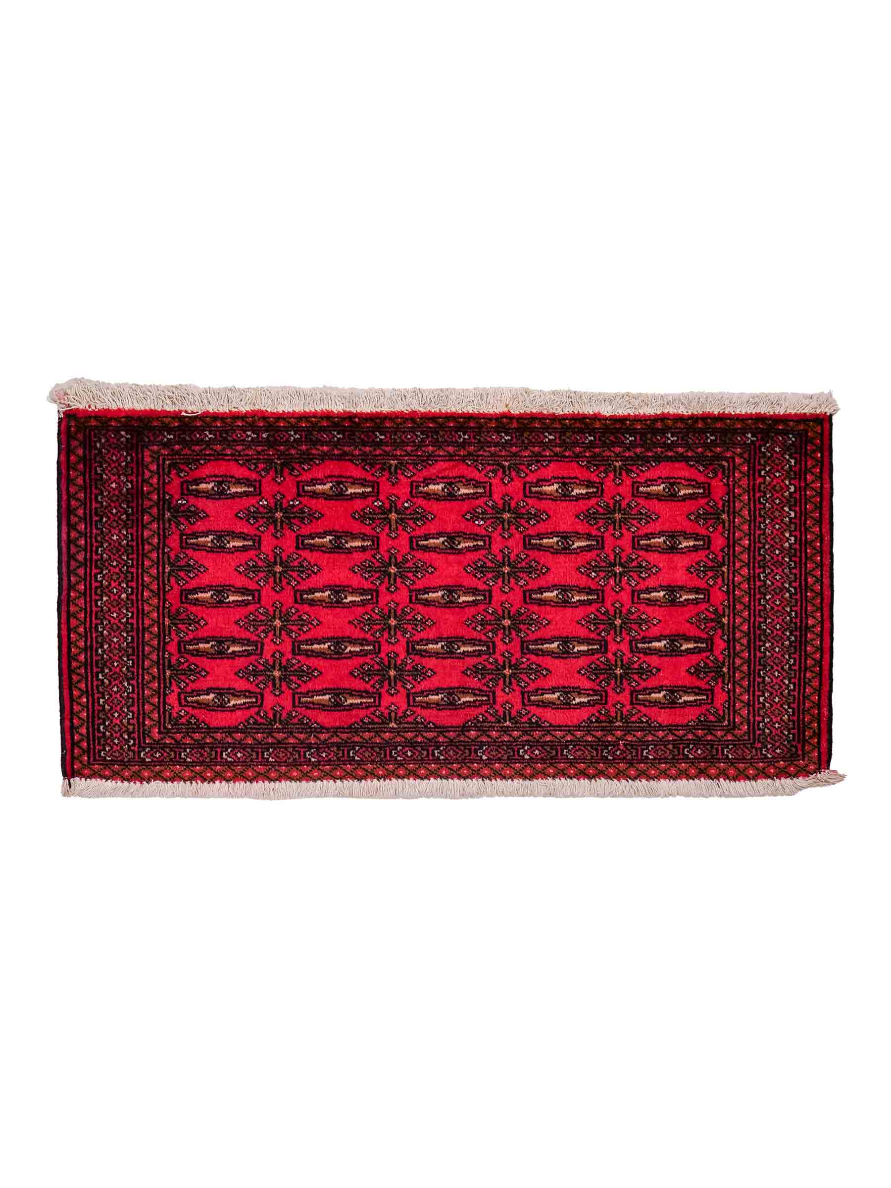 Handgeknüpfter Vintage Turkaman Nomadenteppich von Khademi aus Wolle, rot. Bukhara Allover-Design. Von Hand geknüpft in Iran. Größe: 115 cm x 50 cm. Teppichnummer: DB3-1013. Verkauf durch Jupiter Intl.