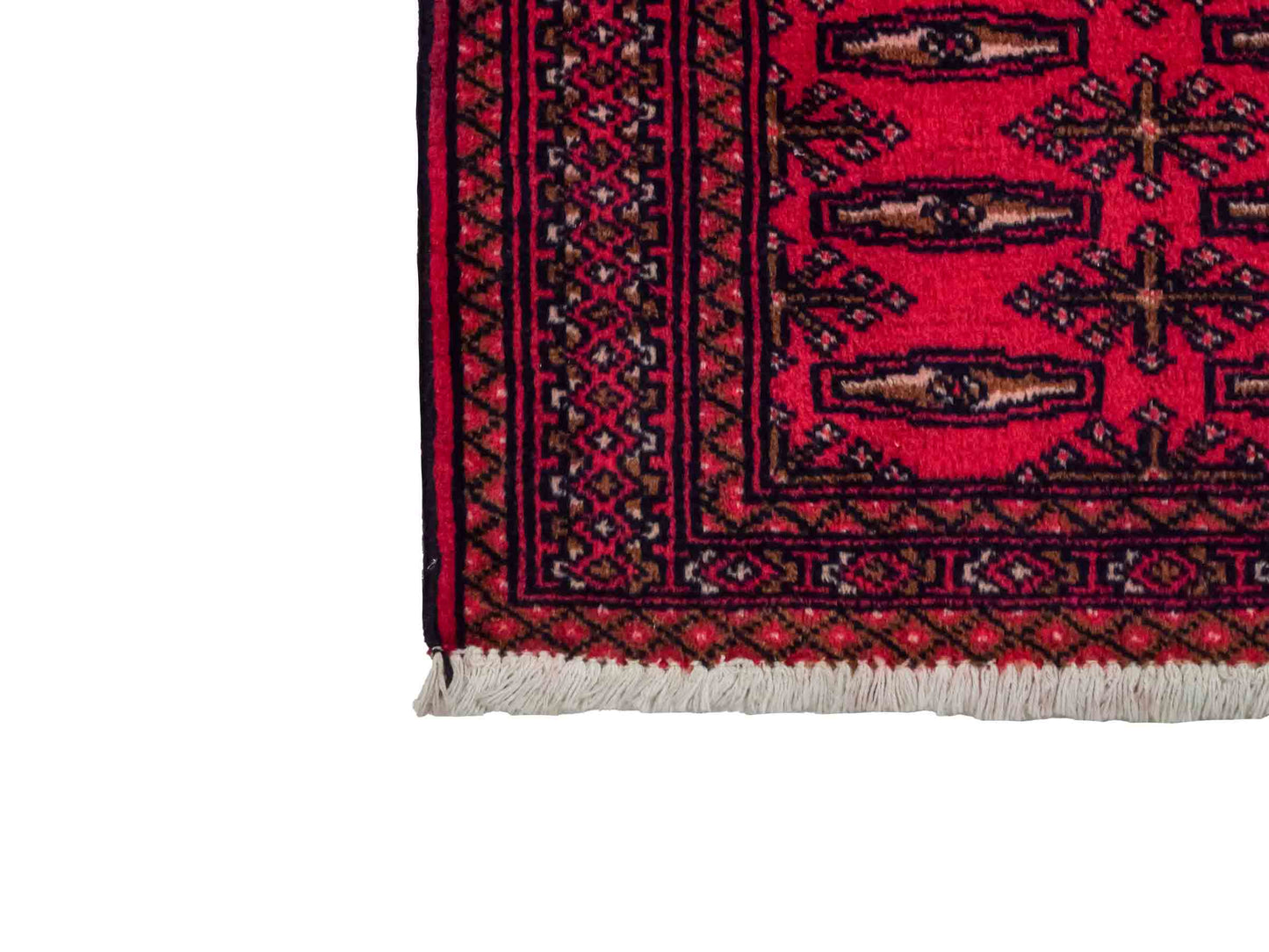 Handgeknüpfter Vintage Turkaman Nomadenteppich von Khademi aus Wolle, rot. Bukhara Allover-Design. Von Hand geknüpft in Iran. Größe: 115 cm x 50 cm. Teppichnummer: DB3-1013. Verkauf durch Jupiter Intl.