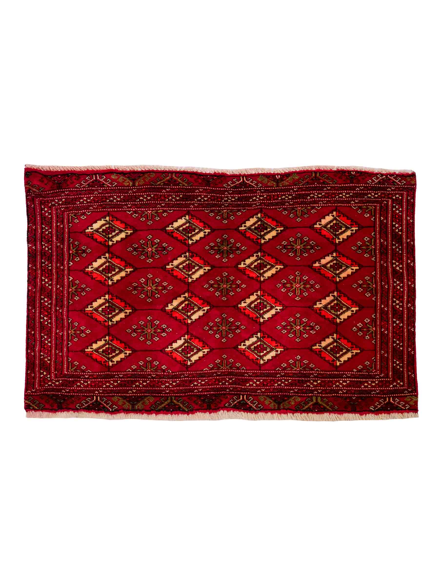 Handgeknüpfter Vintage Turkaman Nomadenteppich von Khademi aus Wolle, rot. Bukhara Allover-Design. Von Hand geknüpft in Iran. Größe: 55 cm x 115 cm. Teppichnummer: DB3-1014. Verkauf durch Jupiter Intl.