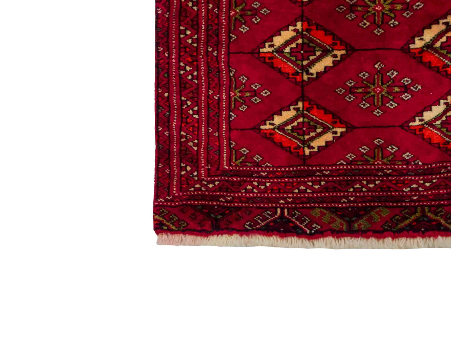 Handgeknüpfter Vintage Turkaman Nomadenteppich von Khademi aus Wolle, rot. Bukhara Allover-Design. Von Hand geknüpft in Iran. Größe: 55 cm x 115 cm. Teppichnummer: DB3-1014. Verkauf durch Jupiter Intl.