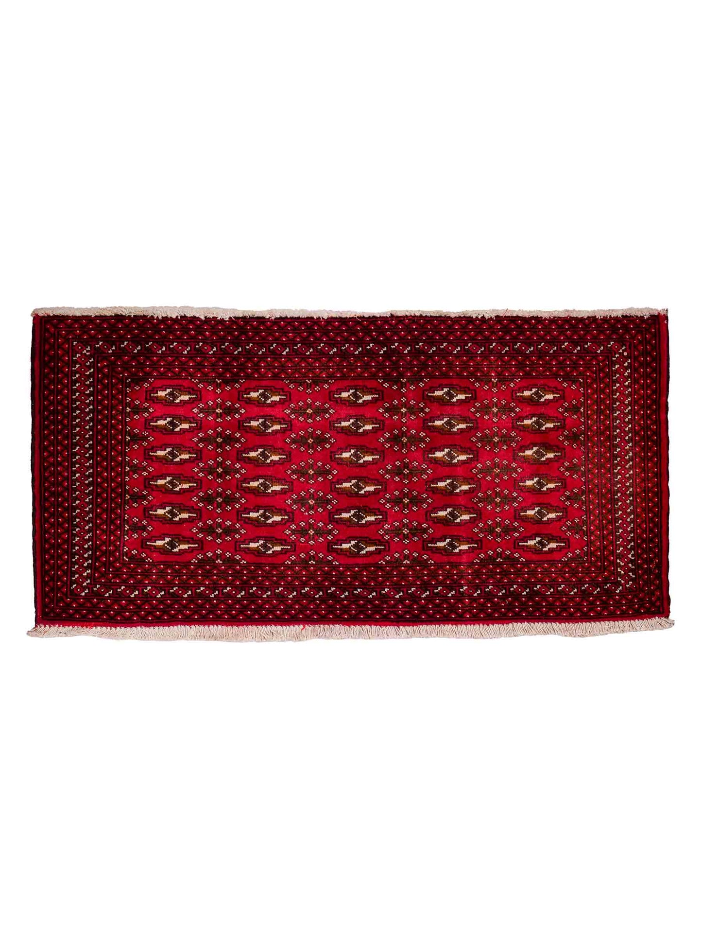 Handgeknüpfter Vintage Turkaman Nomadenteppich von Khademi aus Wolle, rot. Bukhara Allover-Design. Von Hand geknüpft in Iran. Größe: 60 cm x 115 cm. Teppichnummer: DB3-1016. Verkauf durch Jupiter Intl.