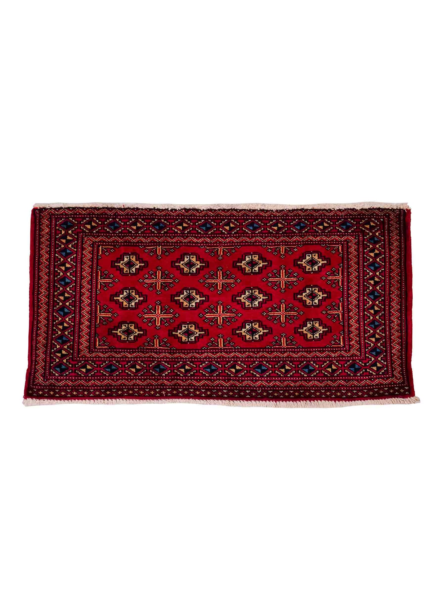 Handgeknüpfter Vintage Turkaman Nomadenteppich von Khademi aus Wolle, rot. Bukhara Allover-Design. Von Hand geknüpft in Iran. Größe: 61 cm x 106 cm. Teppichnummer: DB3-1009. Verkauf durch Jupiter Intl.