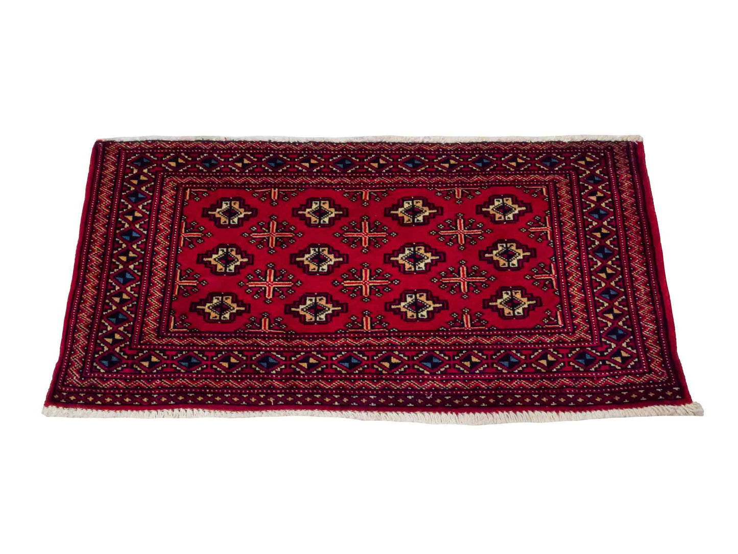 Handgeknüpfter Vintage Turkaman Nomadenteppich von Khademi aus Wolle, rot. Bukhara Allover-Design. Von Hand geknüpft in Iran. Größe: 61 cm x 106 cm. Teppichnummer: DB3-1009. Verkauf durch Jupiter Intl.