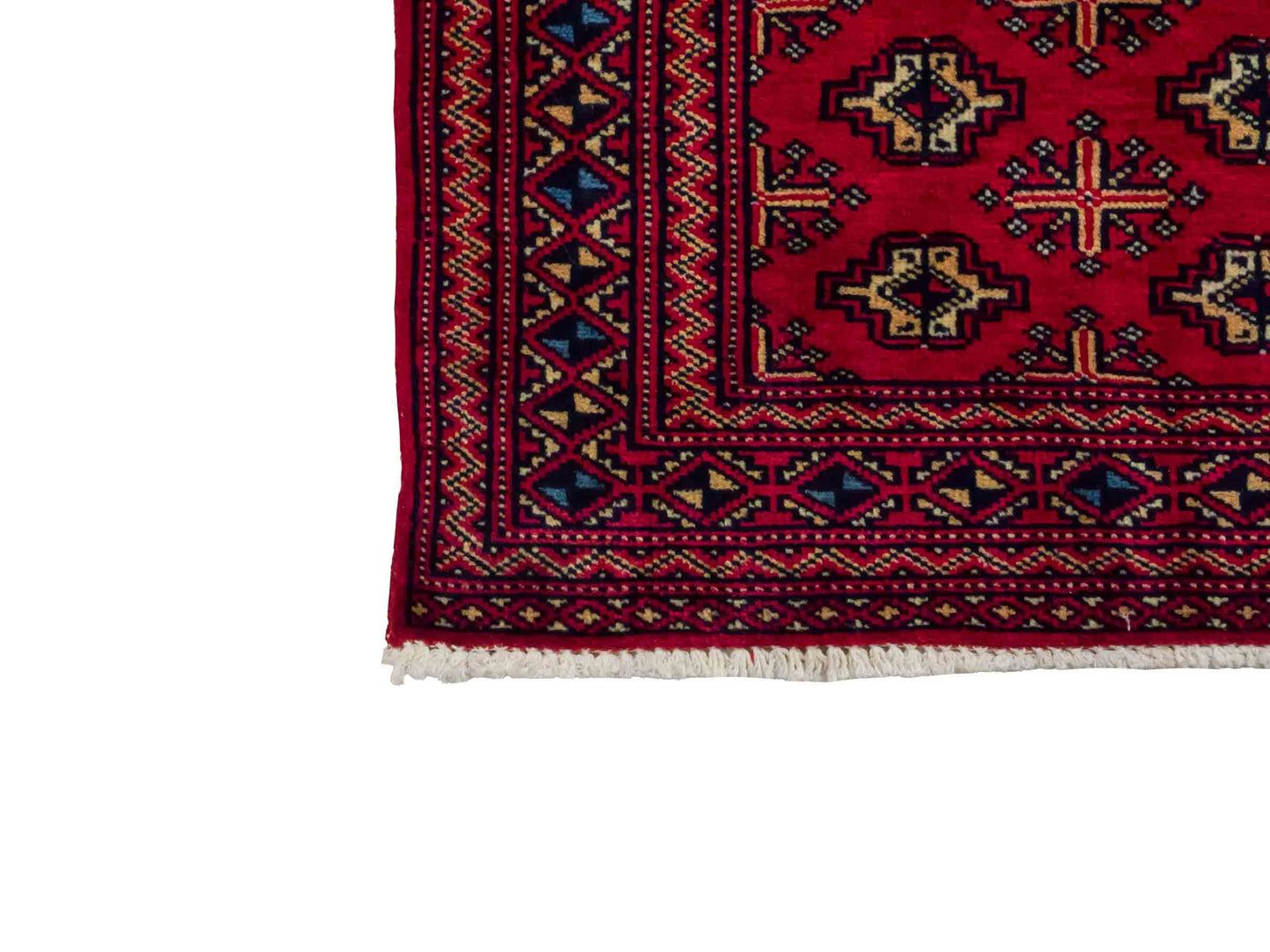 Handgeknüpfter Vintage Turkaman Nomadenteppich von Khademi aus Wolle, rot. Bukhara Allover-Design. Von Hand geknüpft in Iran. Größe: 61 cm x 106 cm. Teppichnummer: DB3-1009. Verkauf durch Jupiter Intl.